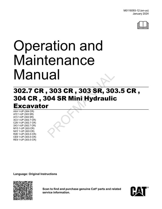 Caterpillar 302.7 CR 303 CR 303.5 CR 304 CR Excavator Operators Manual