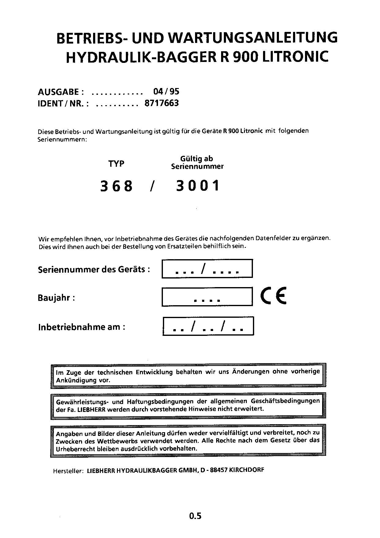 Liebherr R900 Litronic Hydraulikbagger Manuel d'instructions série 368/3001