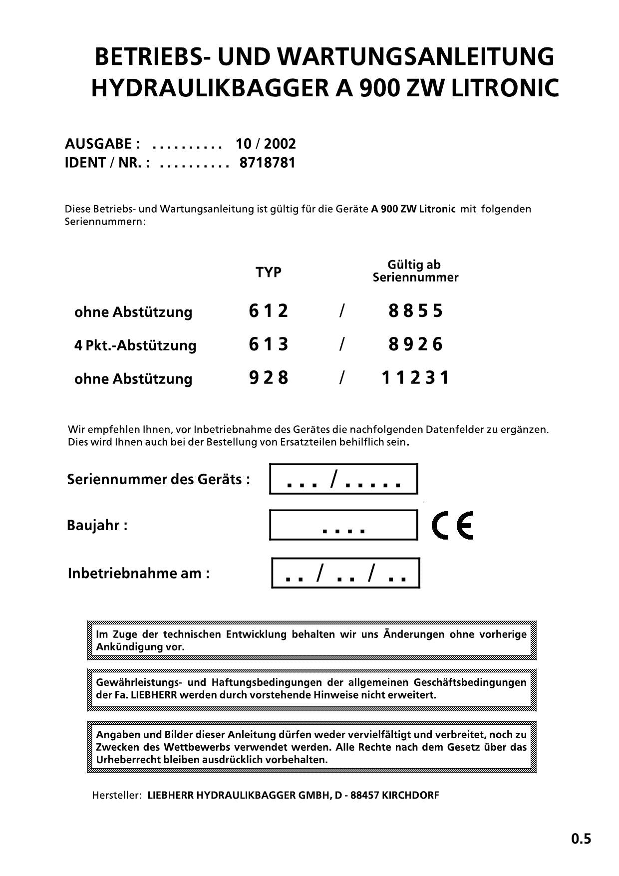 Liebherr A900 ZW Litronic Hydraulikbagger Manuel d'instructions 8718781