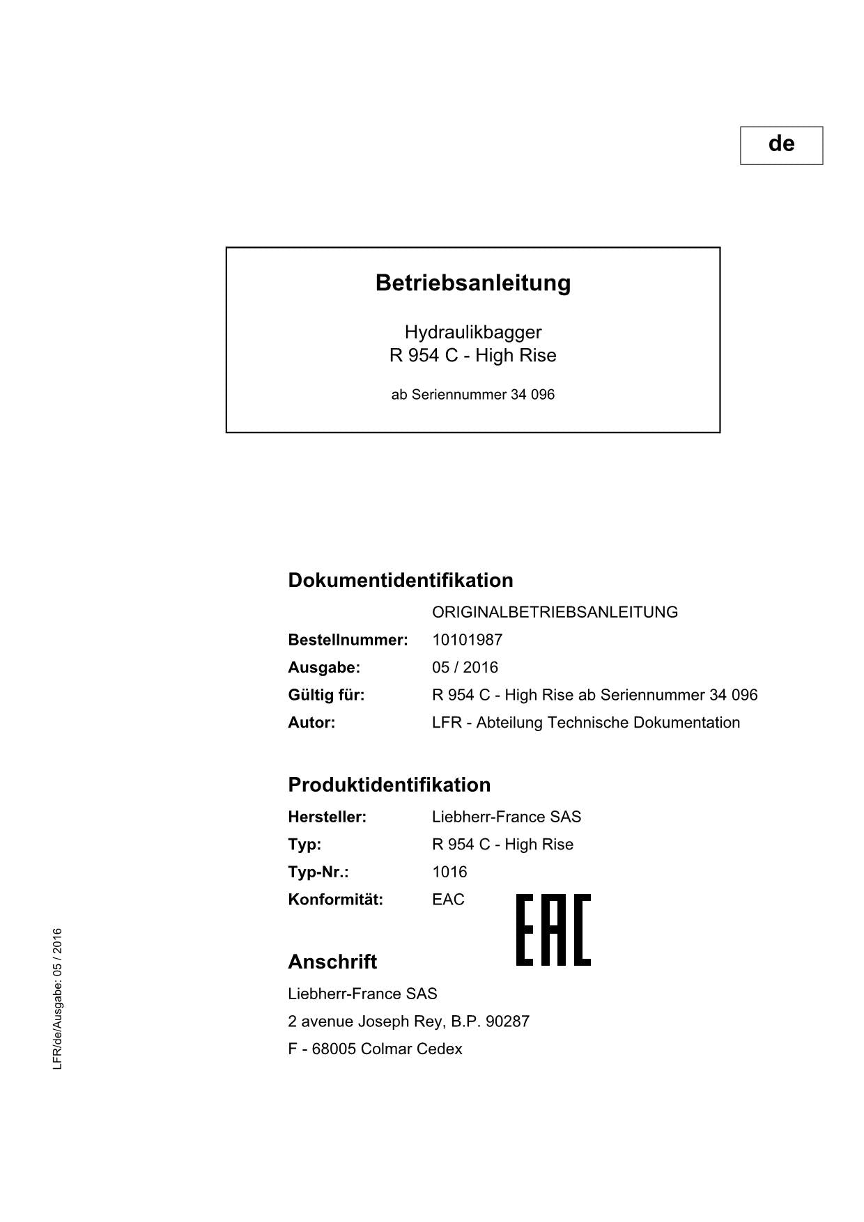 Liebherr R954 C High Rise Hydraulikbagger Betriebsanleitung RU