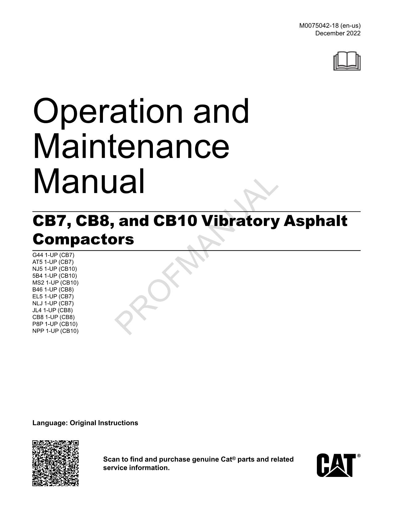 Caterpillar CB7 CB8 CB10 Vibratory Asphalt Compactor Operators Manual M0075042