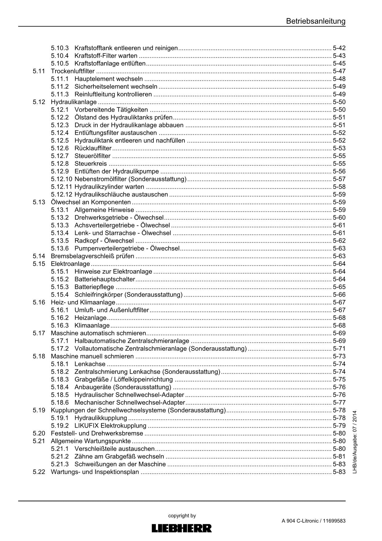 Liebherr A904 C-Litronic Hydraulikbagger Betriebsanleitung 11699583