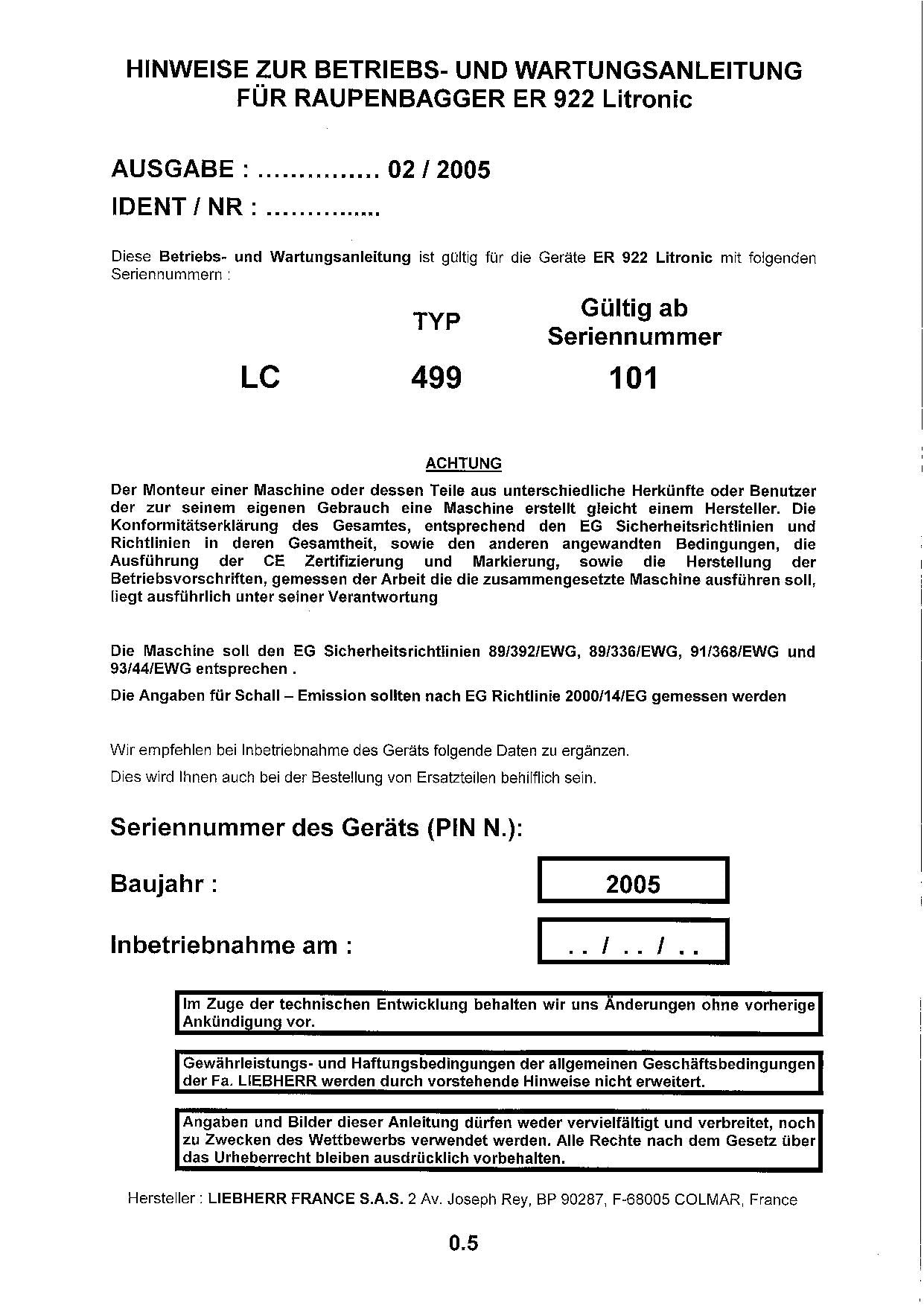 Liebherr ER922 Litronic Raupenbagger Betriebsanleitung Wartungsanleitung