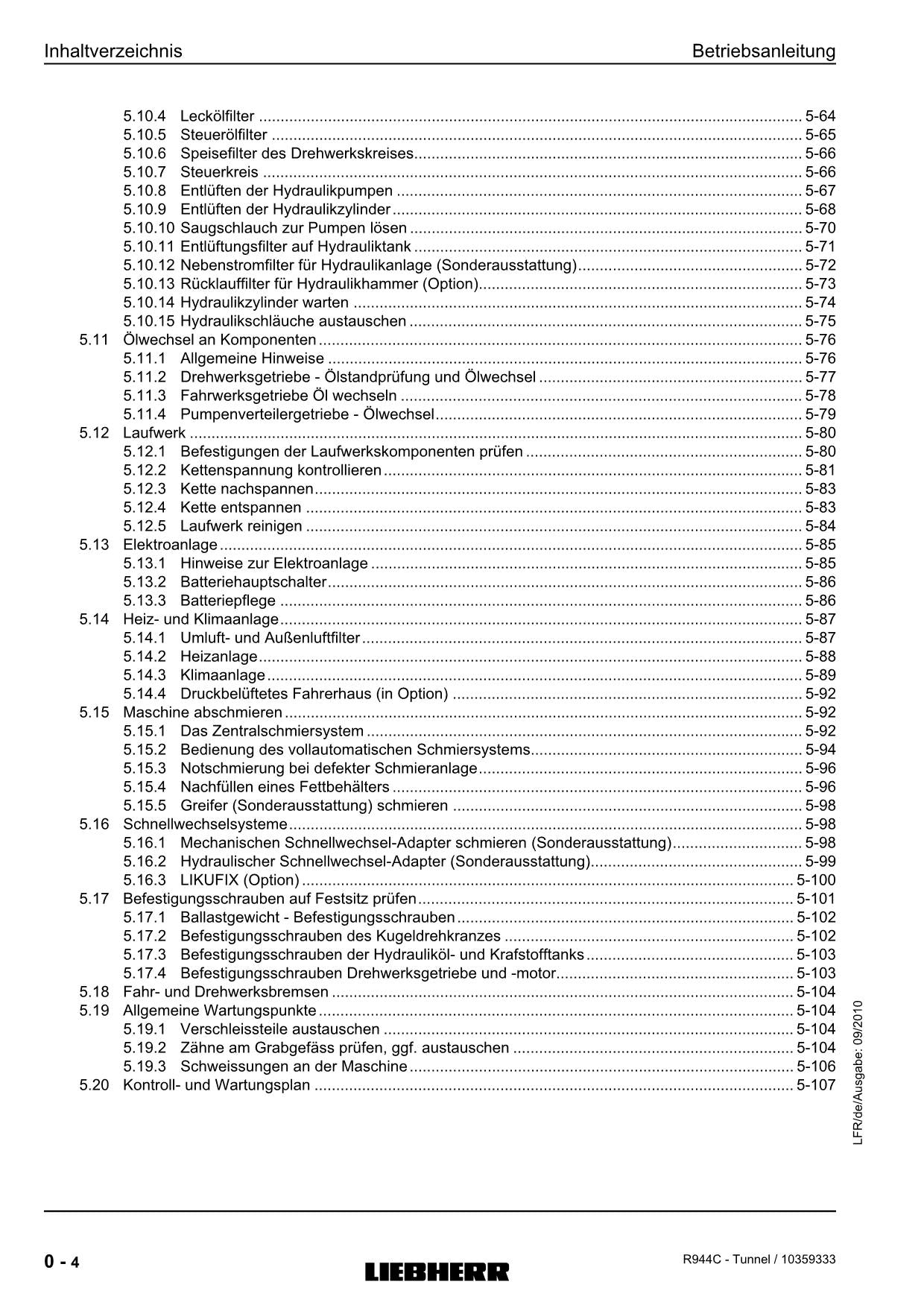 Liebherr R944 C Tunnel Hydraulikbagger Betriebsanleitung ser 26800