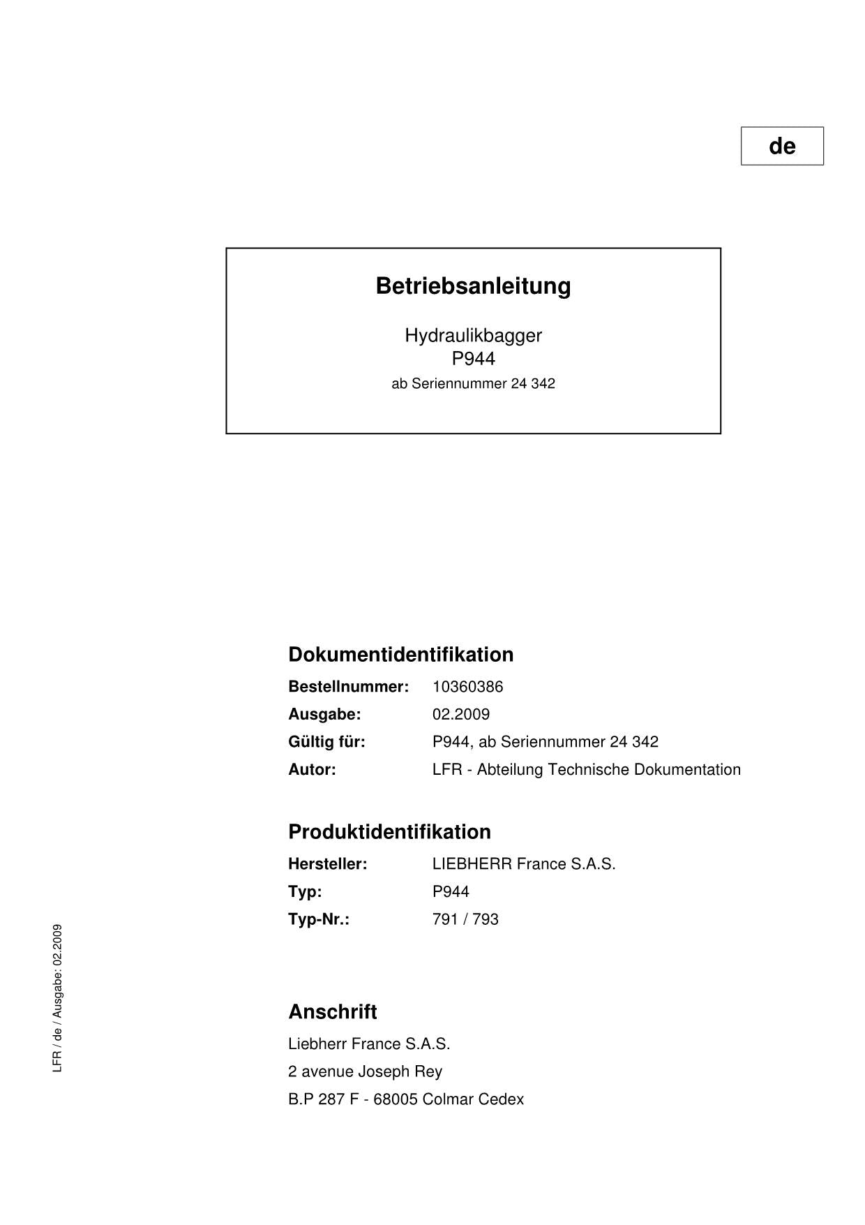 Liebherr P944 Hydraulikbagger Betriebsanleitung