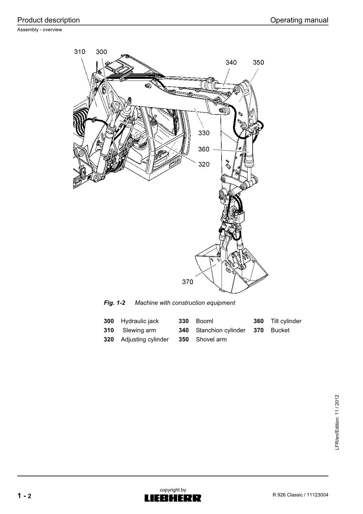 Manuel d'utilisation de la pelle Liebherr R926 Classic, numéro de série 27976