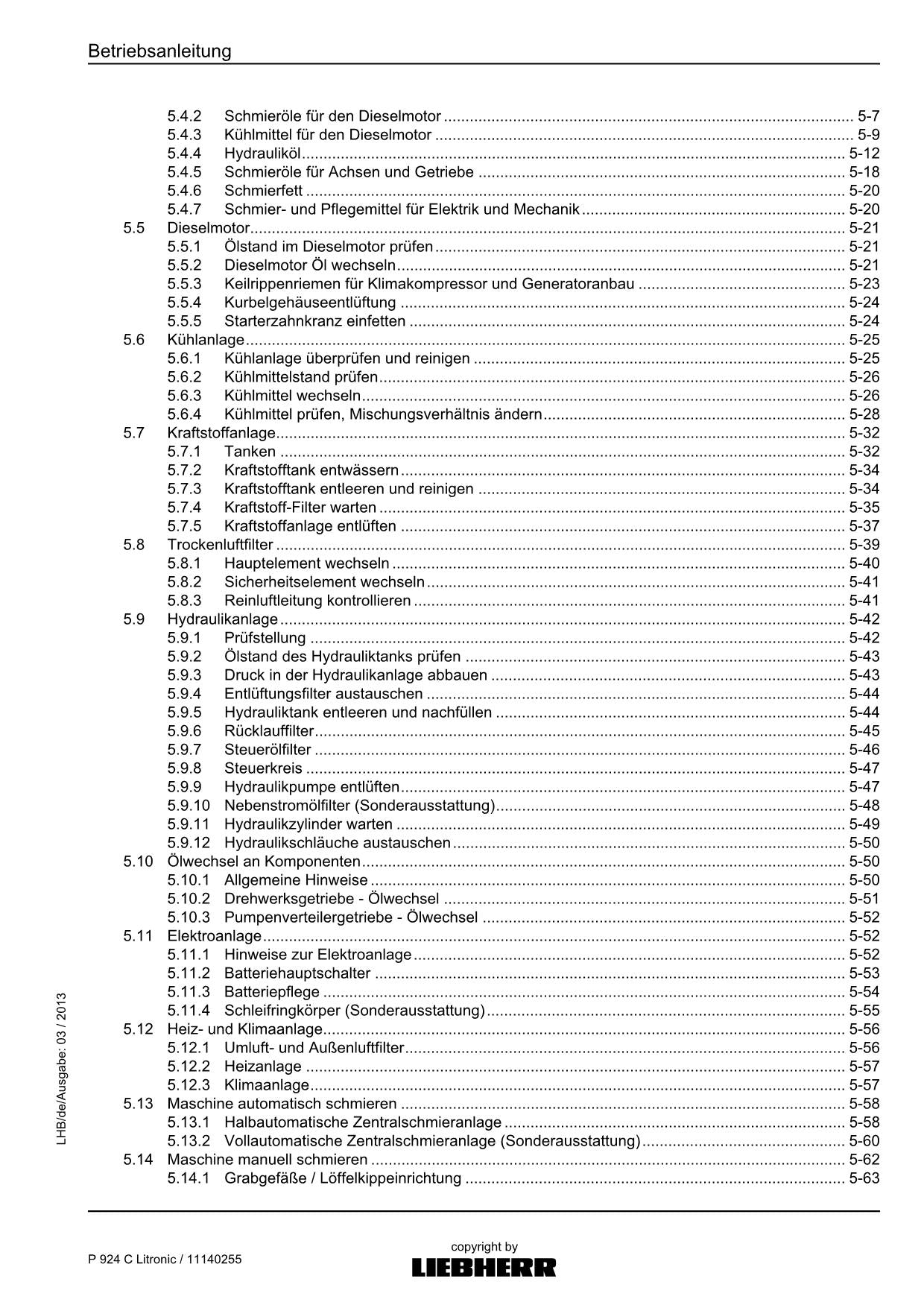 Liebherr P924 C Litronic Hydraulikbagger-Oberwagen Betriebsanleitung 2013
