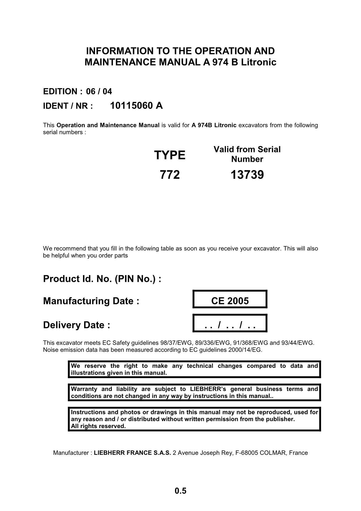 Liebherr A974 B Litronic Excavator Operators manual