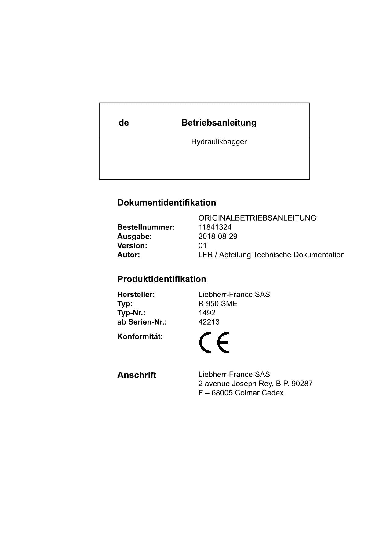 Liebherr R950 SME Hydraulikbagger Betriebsanleitung ser 42213