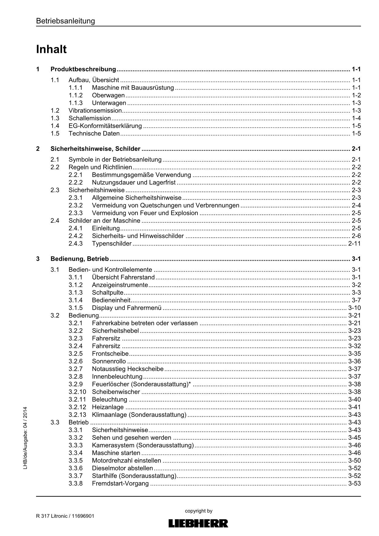 Liebherr R317 Litronic Hydraulikbagger Betriebsanleitung 11696901