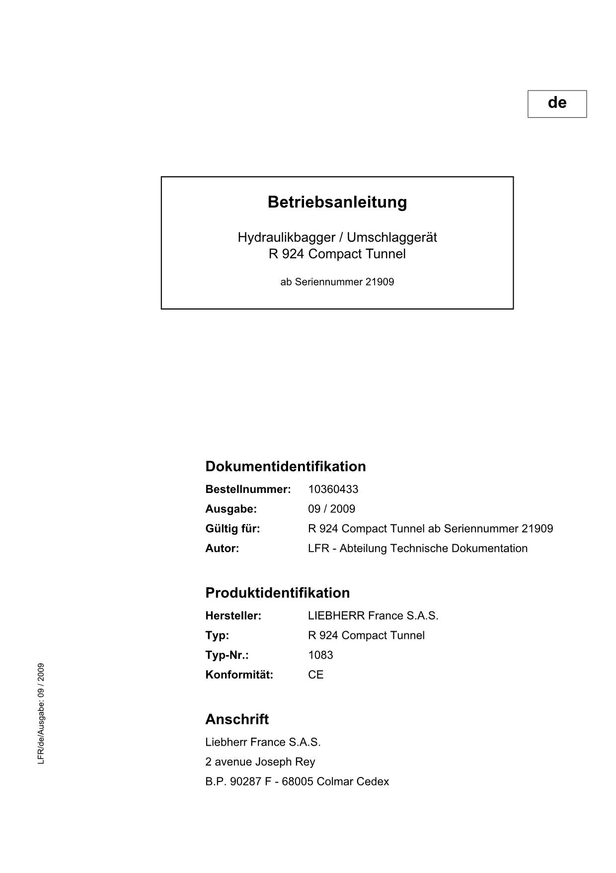 Liebherr R924 CompacTTunnel Hydraulikbagger Umschlaggerät Betriebsanleitung