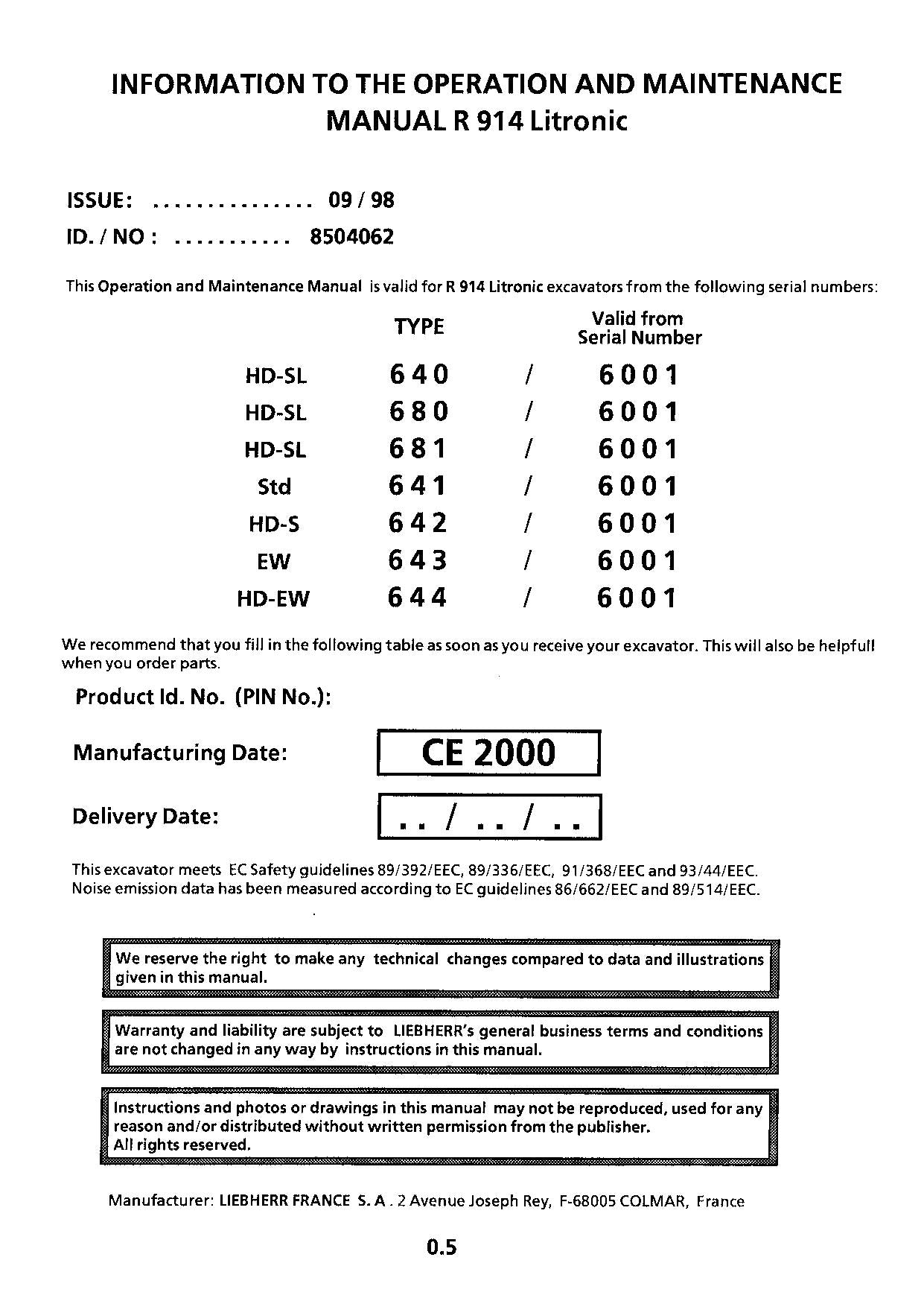 Manuel d'utilisation de la pelle Liebherr R914 Litronic série 6001