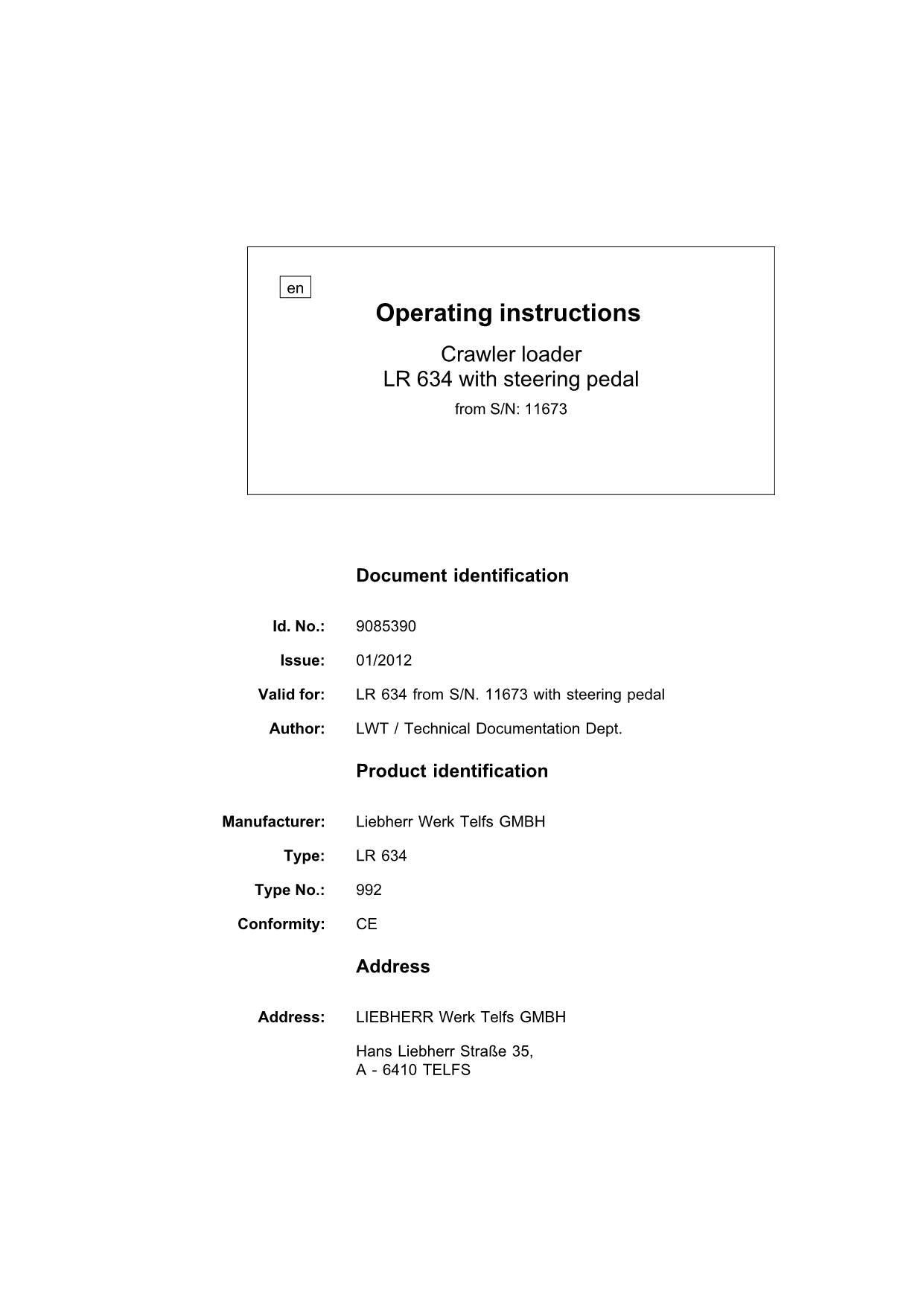 Manuel d'utilisation de la chargeuse sur chenilles Liebherr LR634 9085390 série 11673