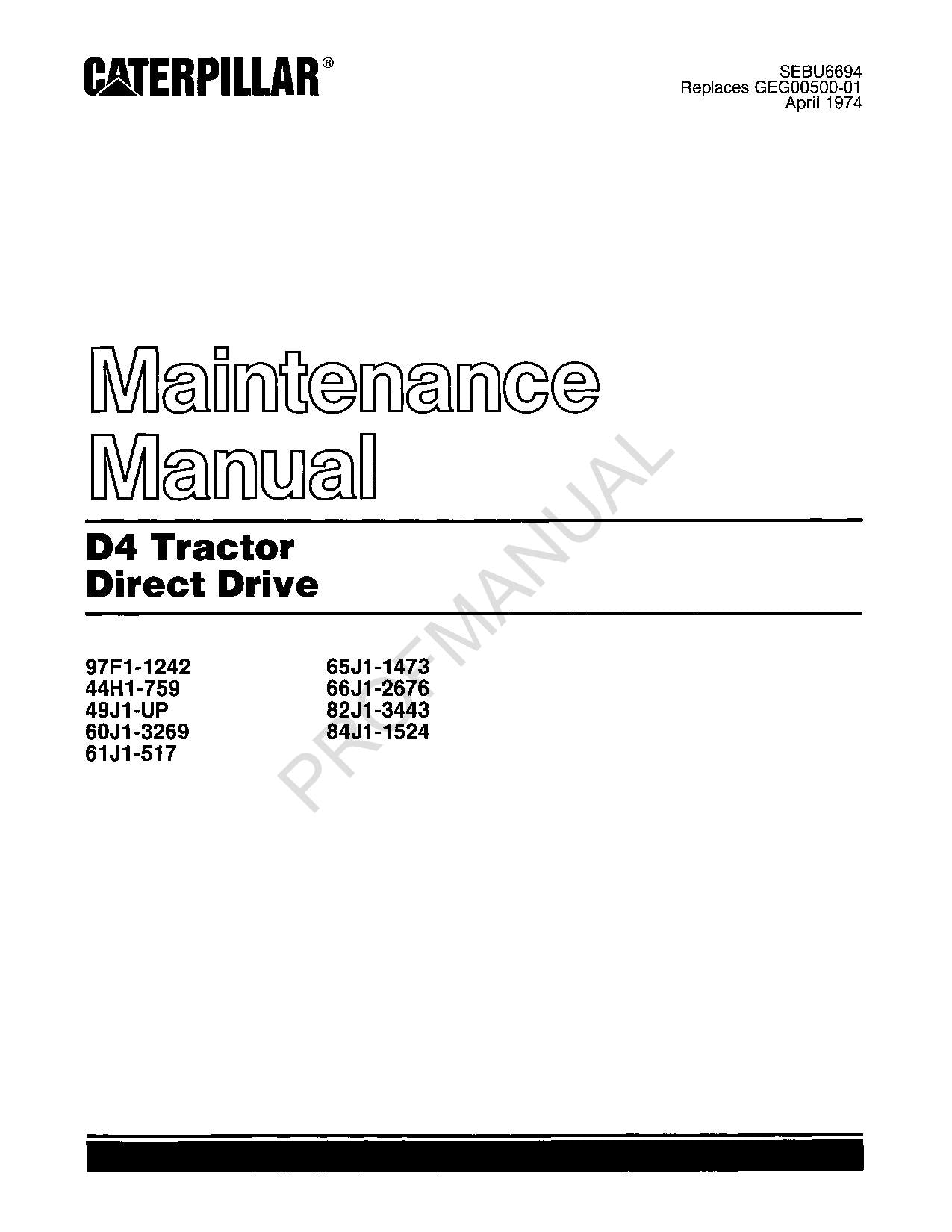 Manuel d'entretien du tracteur Caterpillar D4 à entraînement direct SEBU6694