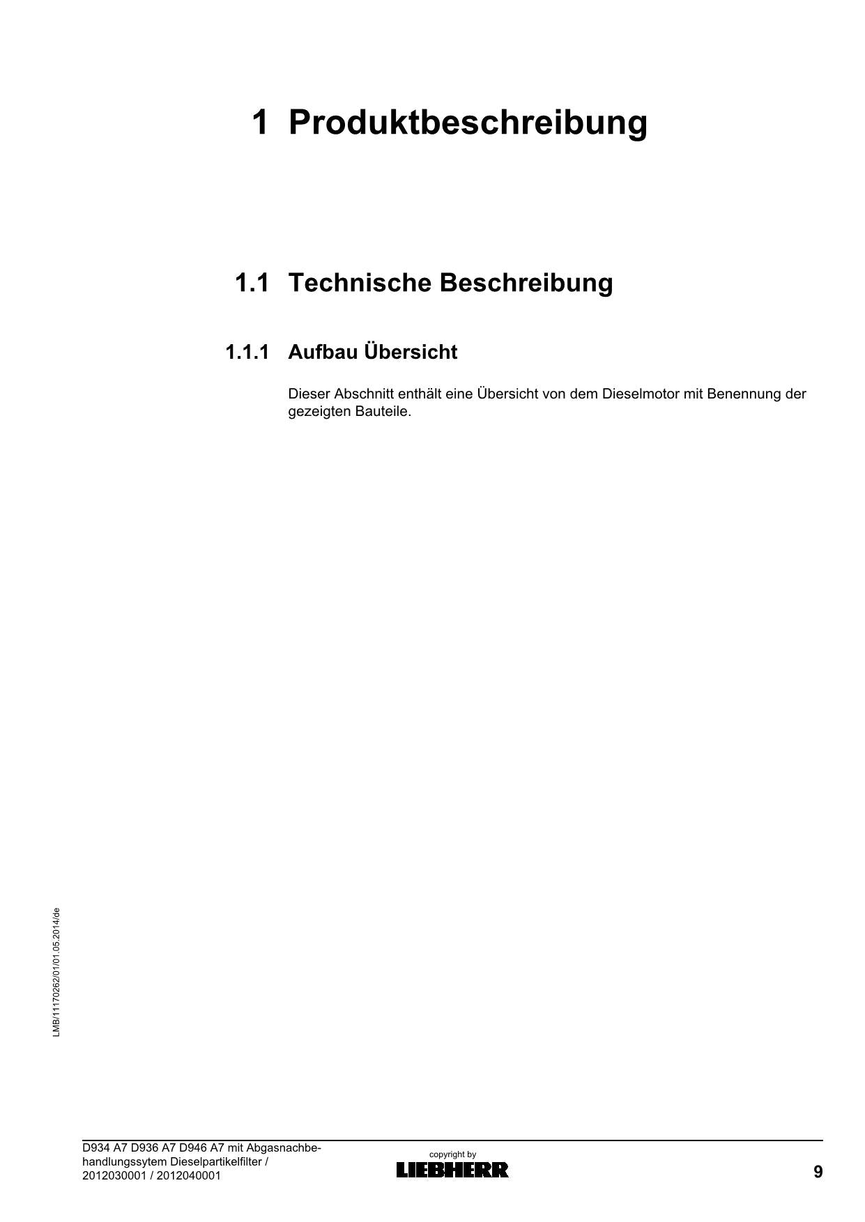 Liebherr D934 A7 D936 A7 D946 A7 Moteur de filtre à particules diesel Manuel d'instructions