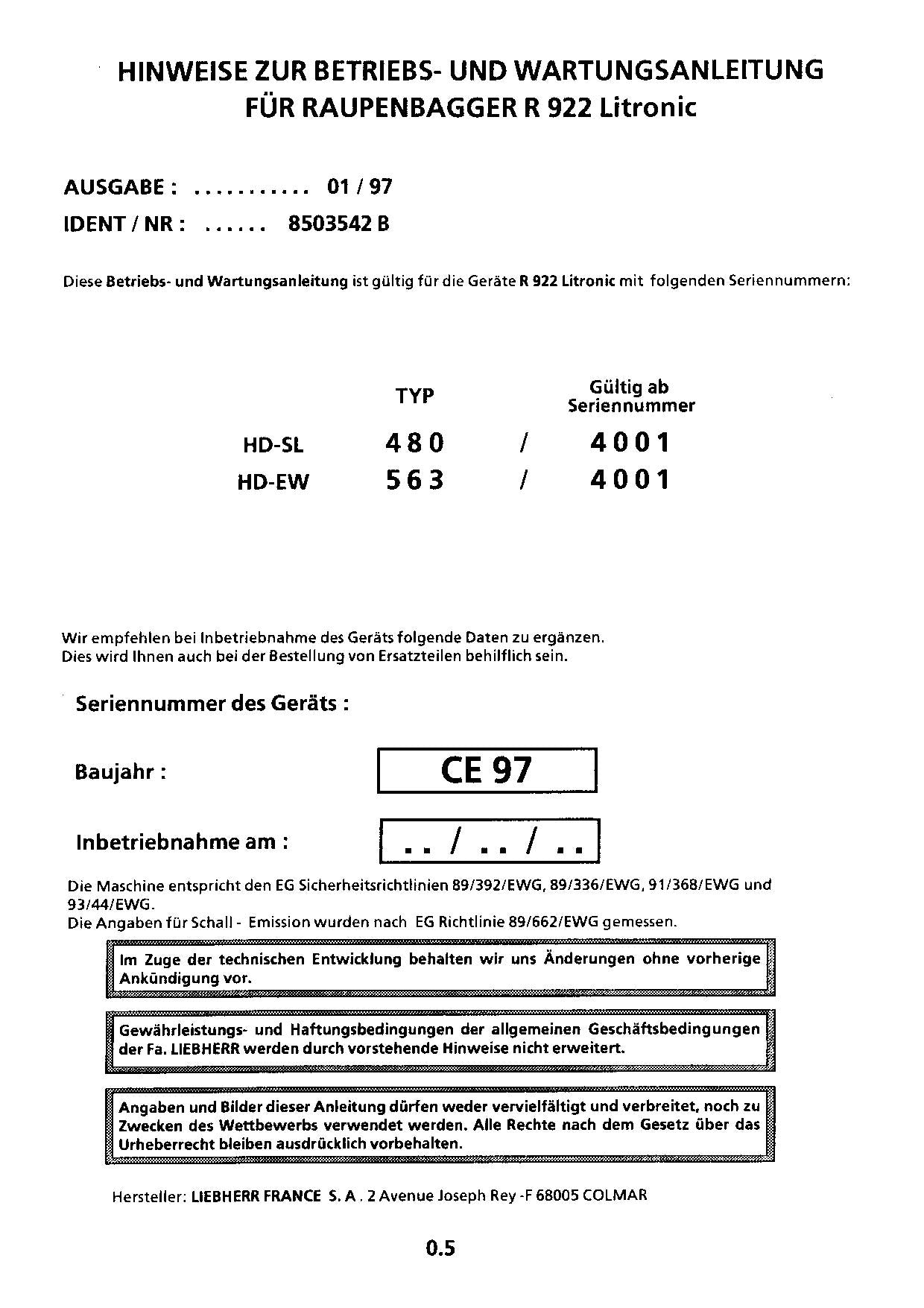 Liebherr R922 Litronic Hydraulikbagger Manuel d'instructions Manuel d'entretien