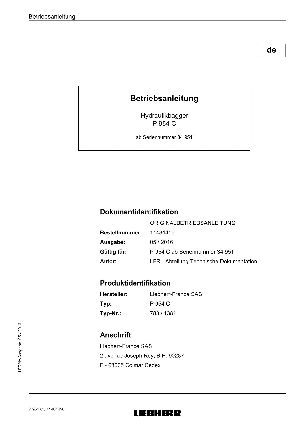 Liebherr P954 C Hydraulikbagger Betriebsanleitung