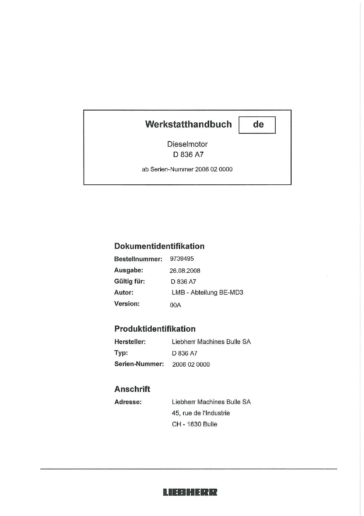 Liebherr D836 A7 Dieselmotor Reparaturhandbuch Werkstatthhandbuch