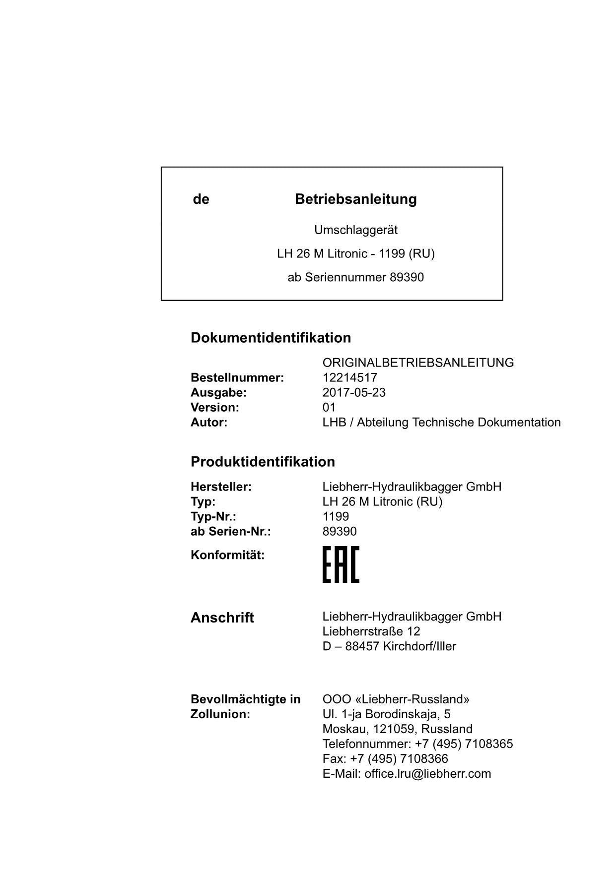 Liebherr LH26 M Litronic RU Materialumschlaggerät Betriebsanleitung type 1199