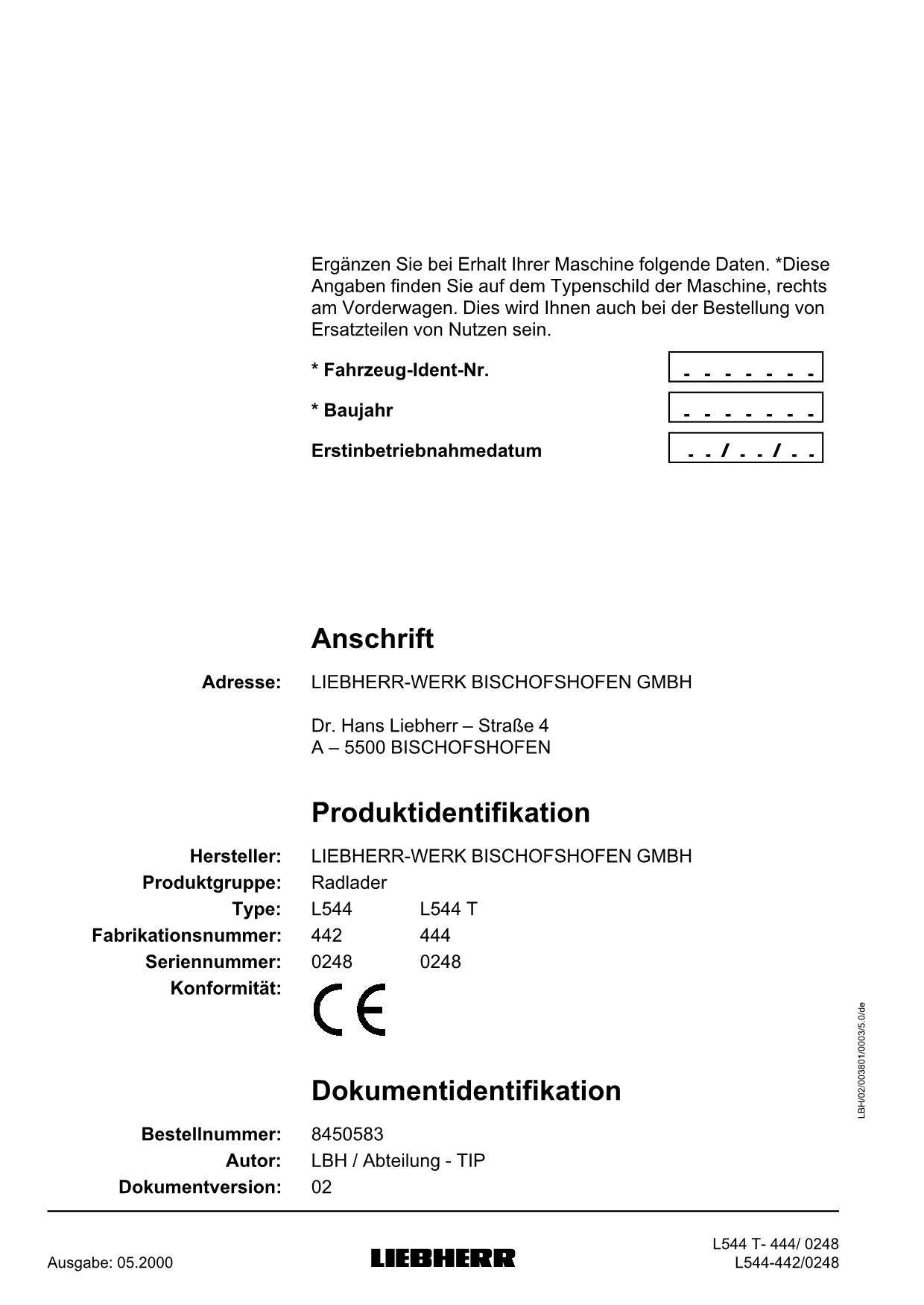 Liebherr L544 L544 T Radlader Betriebsanleitung ser 0248