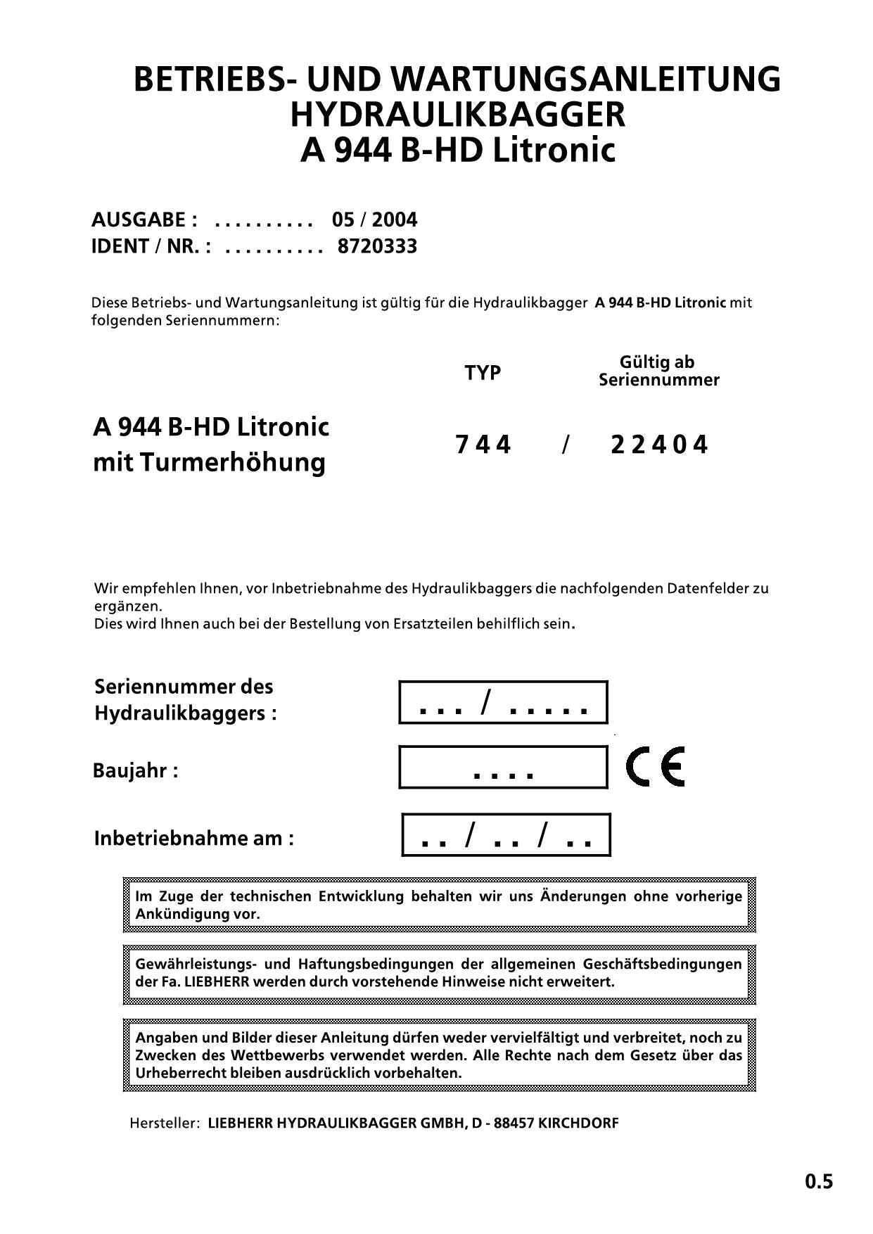 Liebherr A944 HD Litronic Hydraulikbagger Betriebsanleitung ser 22404