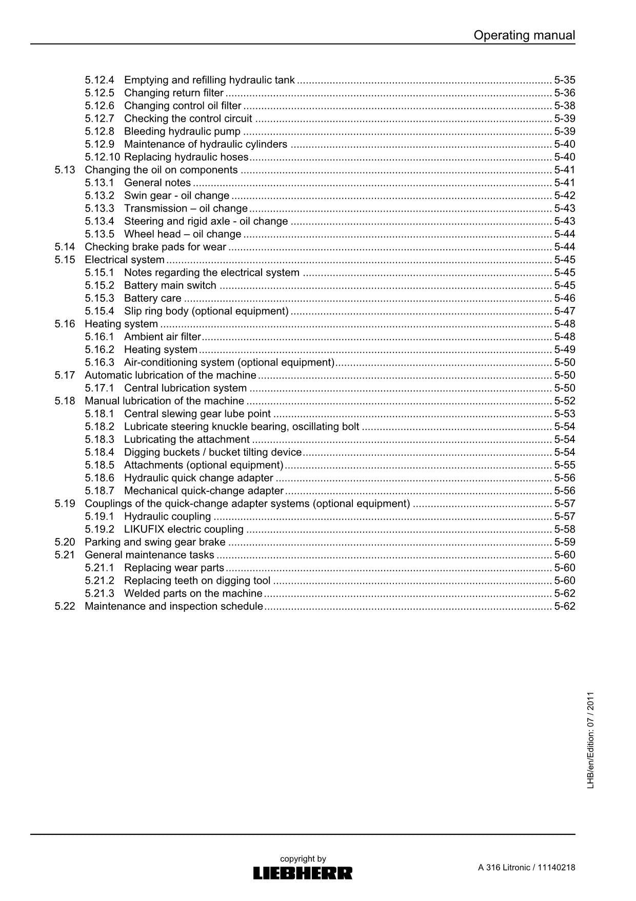 Liebherr A316 Litronic Excavator Operators manual