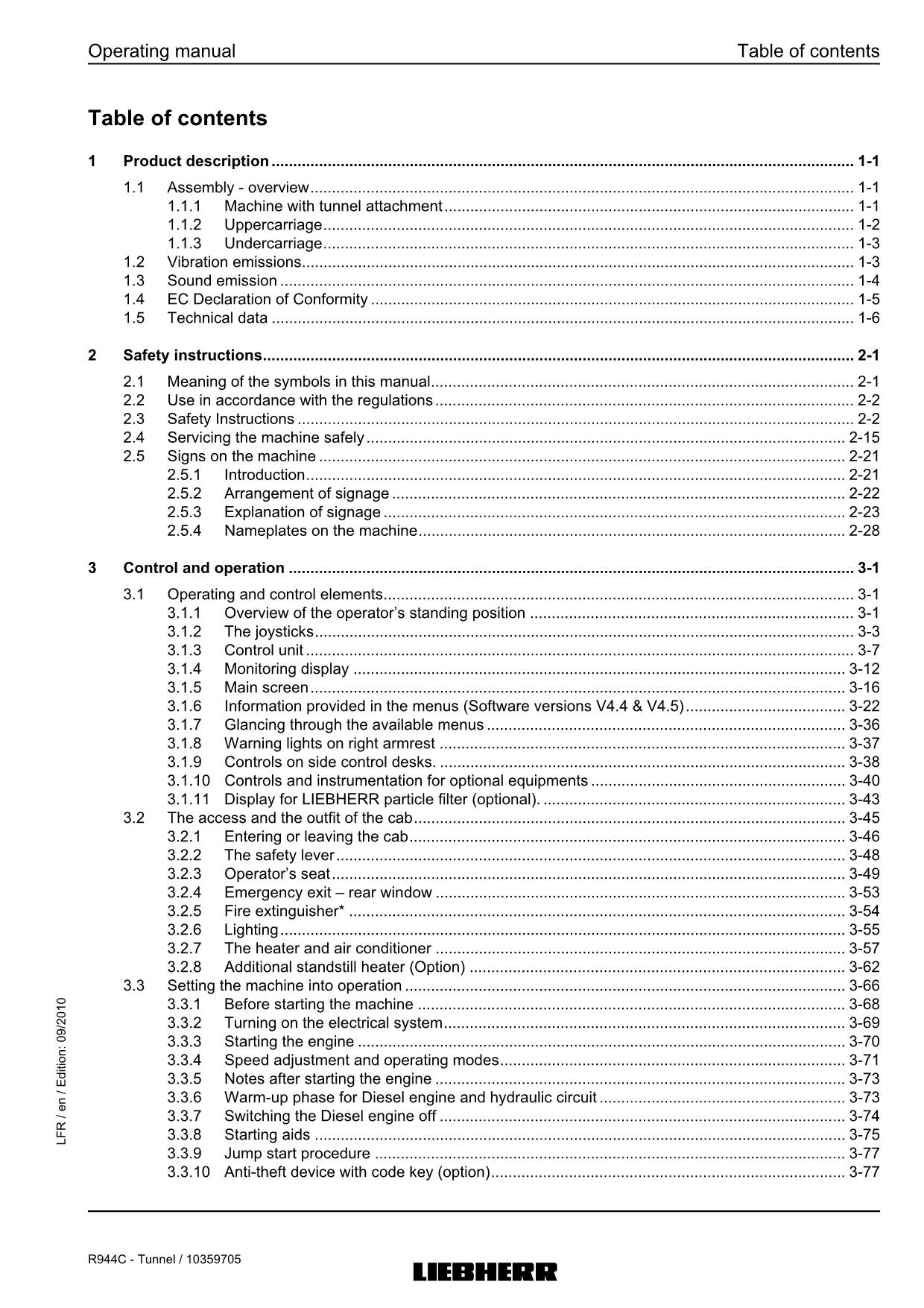 Liebherr R944 C Tunnelbagger Bedienungsanleitung Seriennummer 26800
