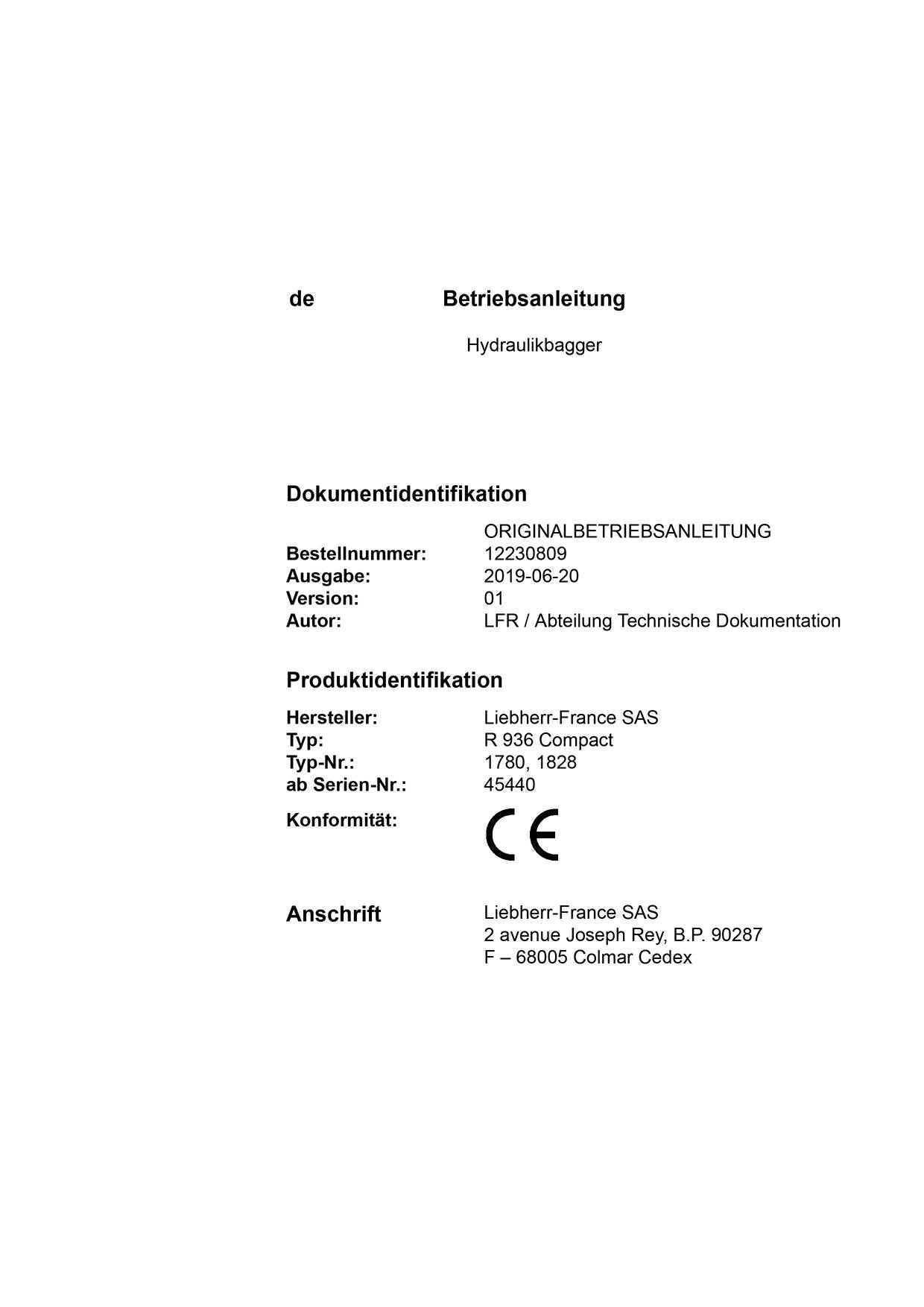 Liebherr R936 Compact Hydraulikbagger Manuel d'instructions ser 45440