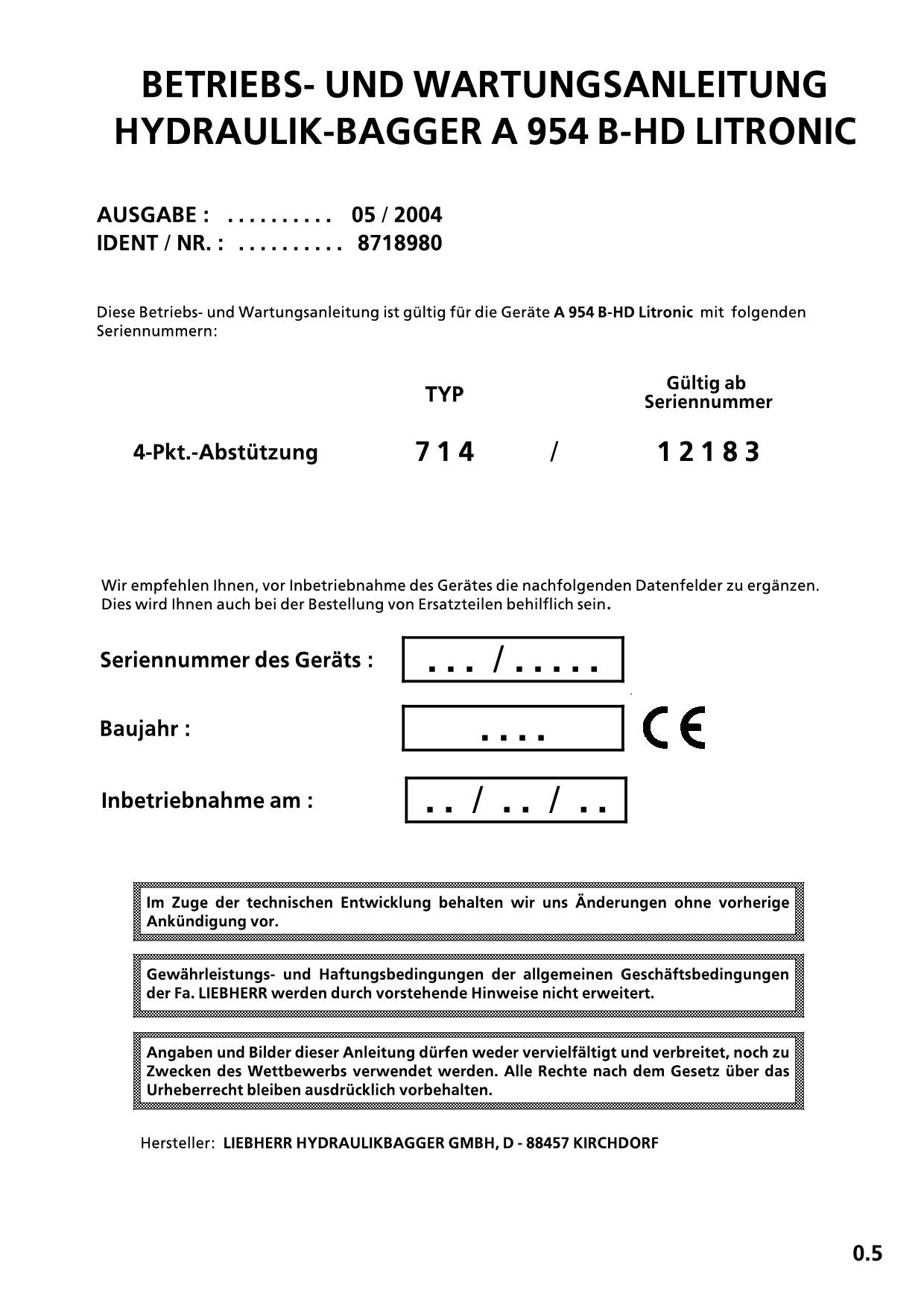 Liebherr A954 B-HD LITRONIC Hydraulikbagger Betriebsanleitung Wartungsanleitung