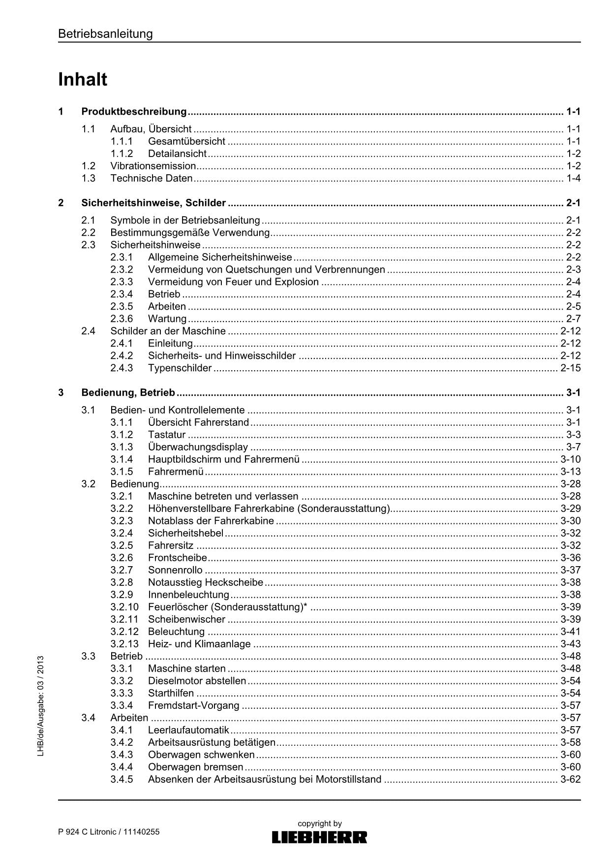 Liebherr P924 C Litronic Hydraulikbagger-Oberwagen Betriebsanleitung 2013