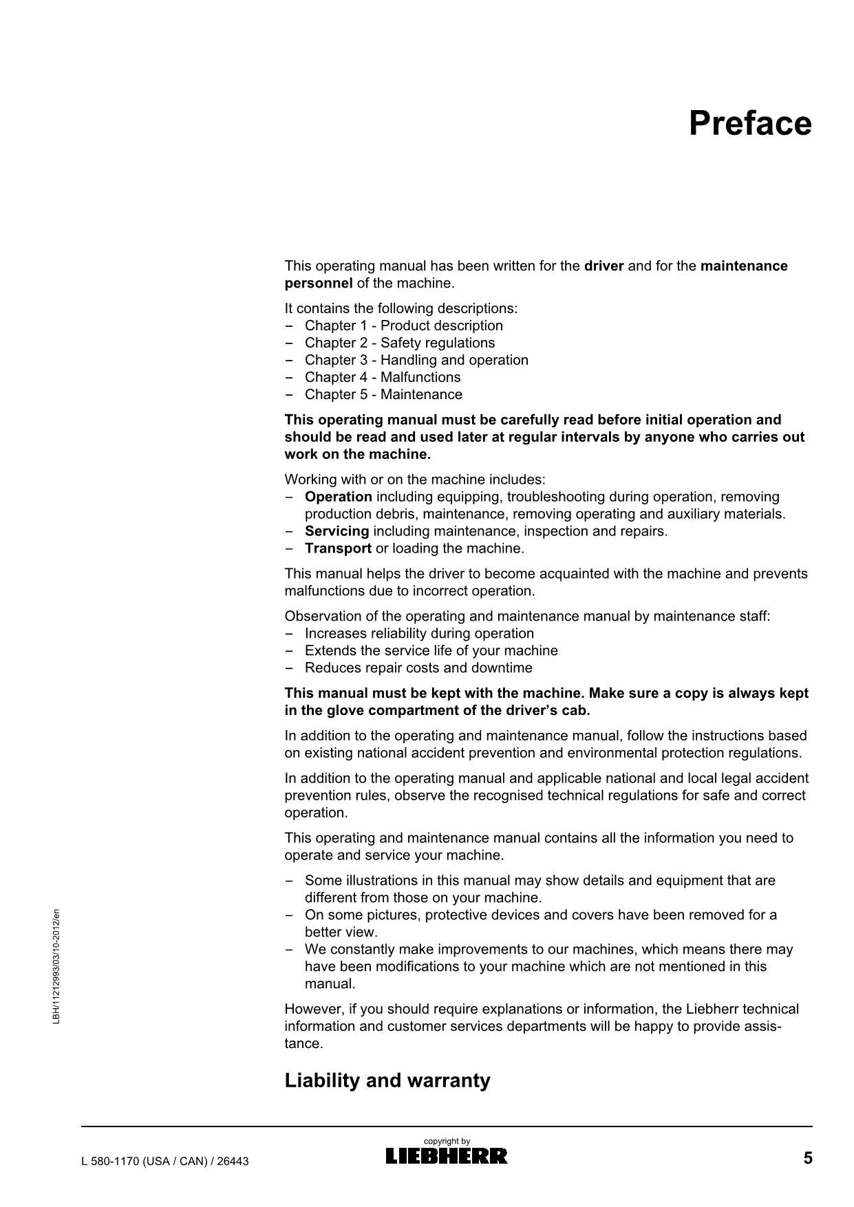 Manuel d'utilisation de la chargeuse sur pneus Liebherr L580-1170 (USA CAN)