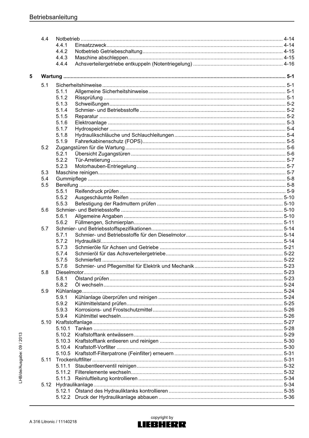 Liebherr A316 Litronic Hydraulikbagger Betriebsanleitung