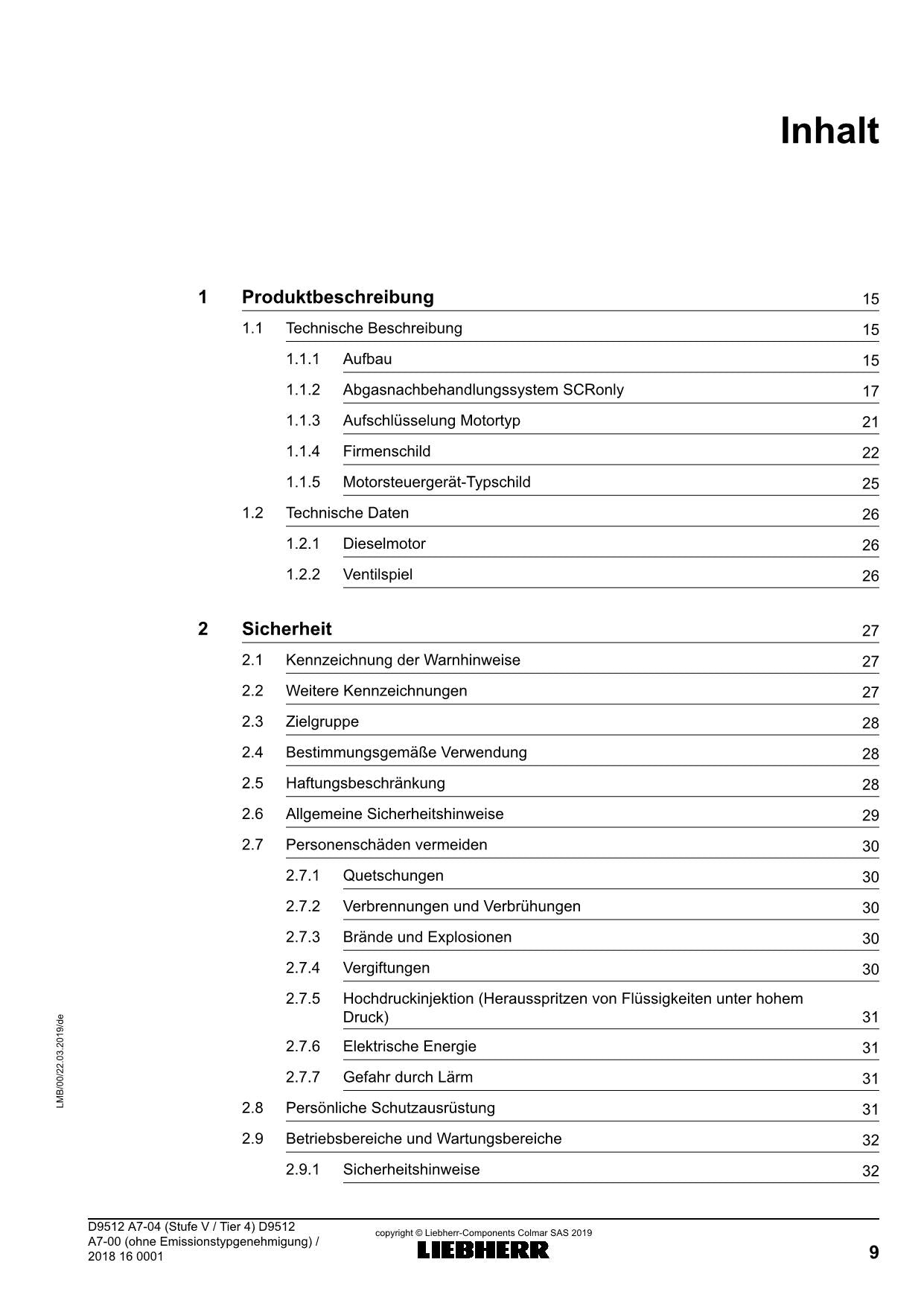 Liebherr D9512 D9512 ohne Emissionstypgenehmigung Dieselmotor Betriebsanleitung