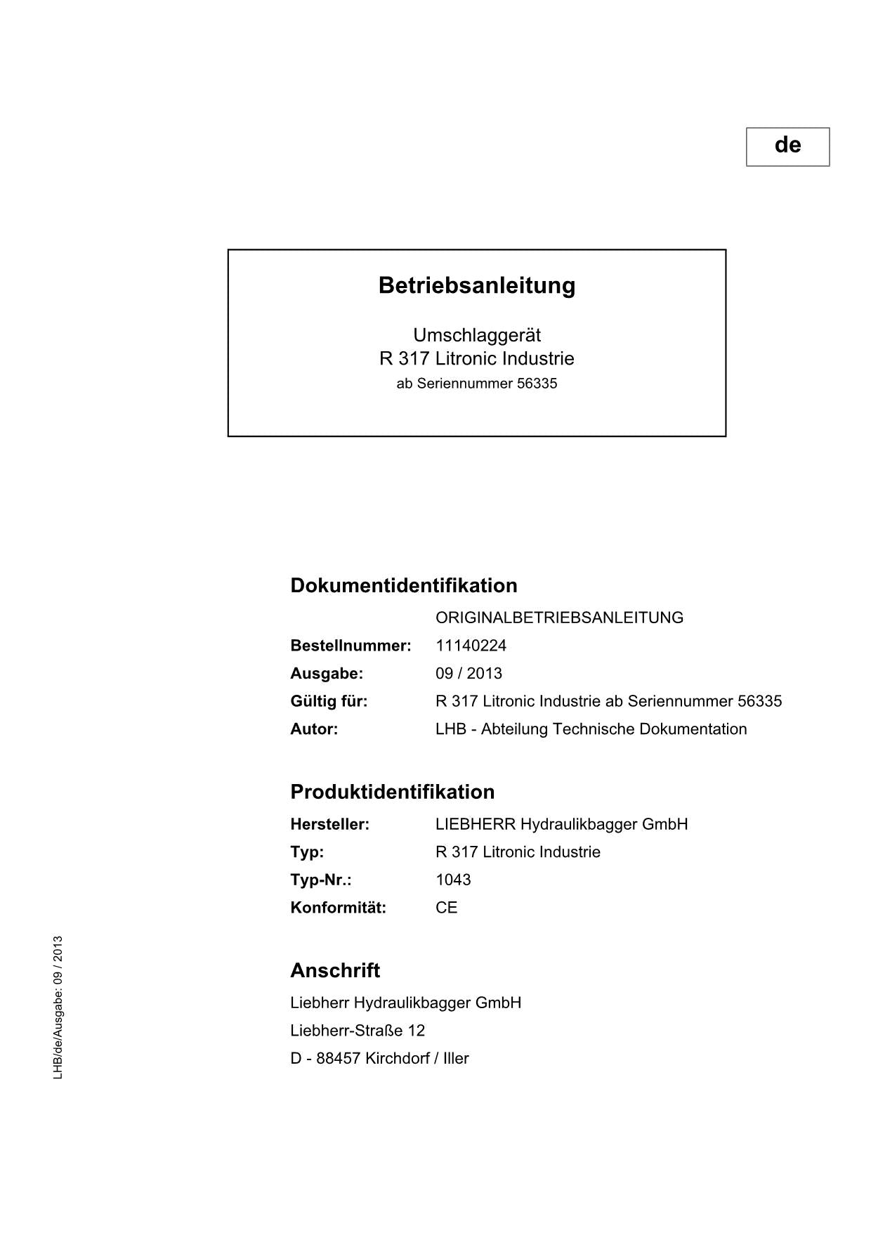 Liebherr R317 Litronic Industrie Umschlaggerät Betriebsanleitung