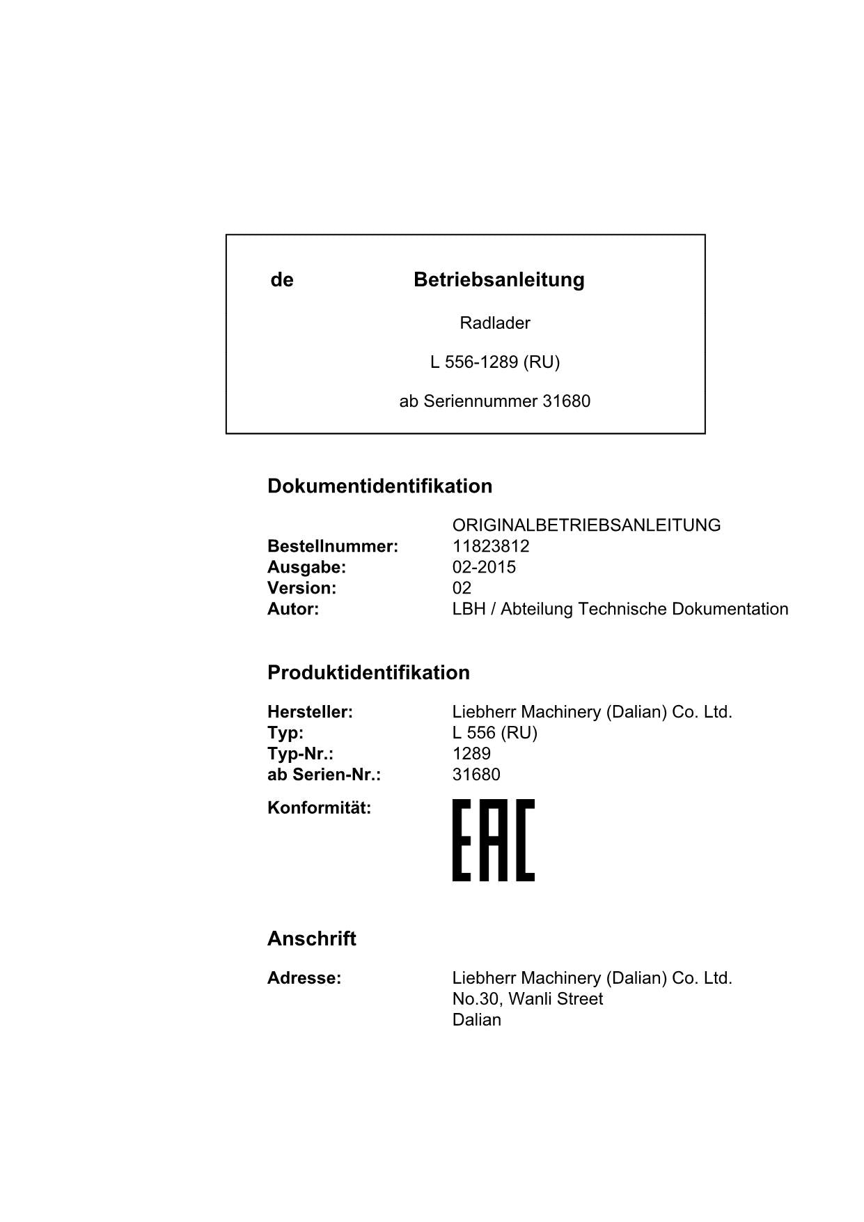 Liebherr L556 RU Radlader Betriebsanleitung