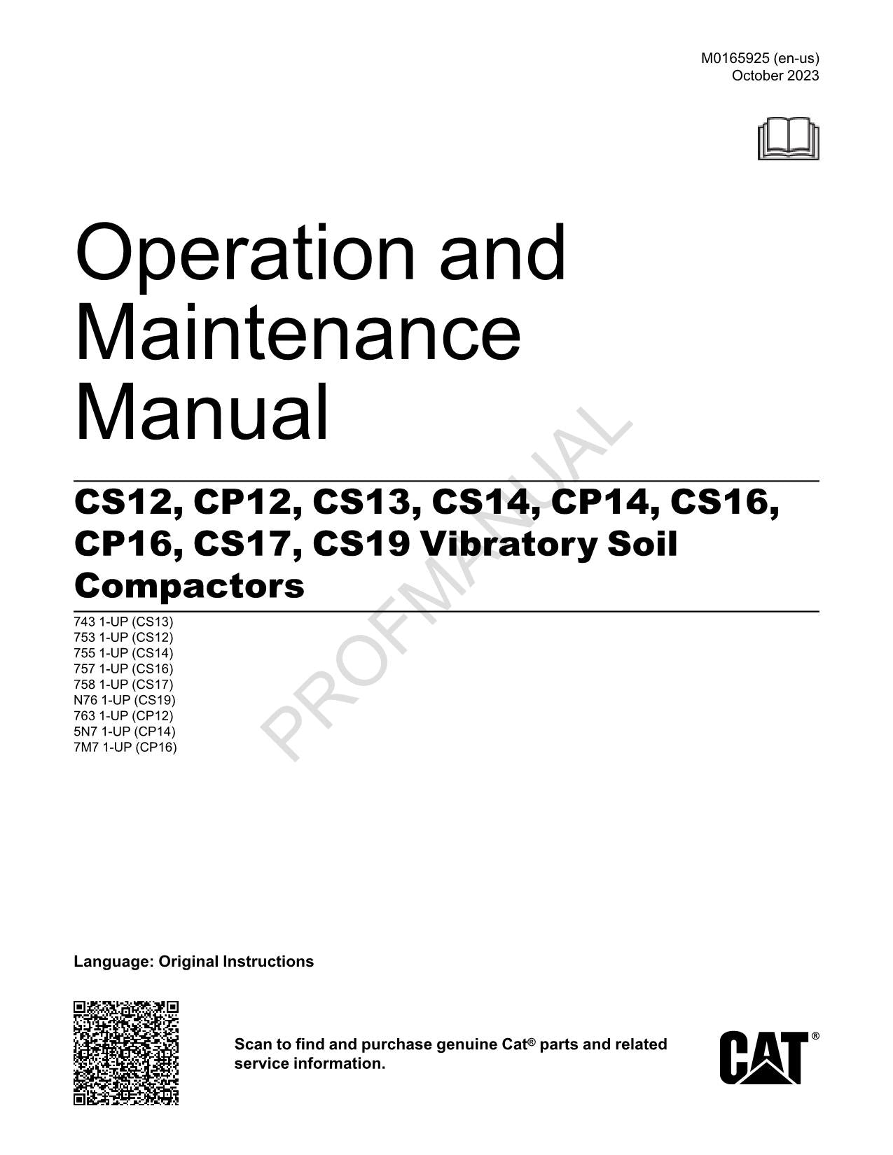 Caterpillar CS12 CP12 CS13 CS14 CP14 Vibratory Soil Compactor Operators Manual