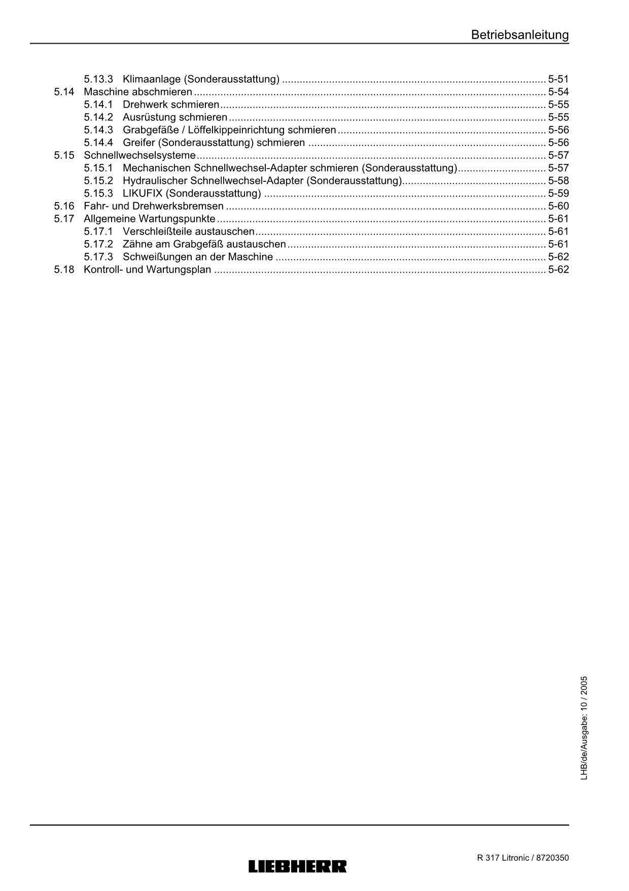 Liebherr R317 Litronic Hydraulikbagger Betriebsanleitung serial 27000