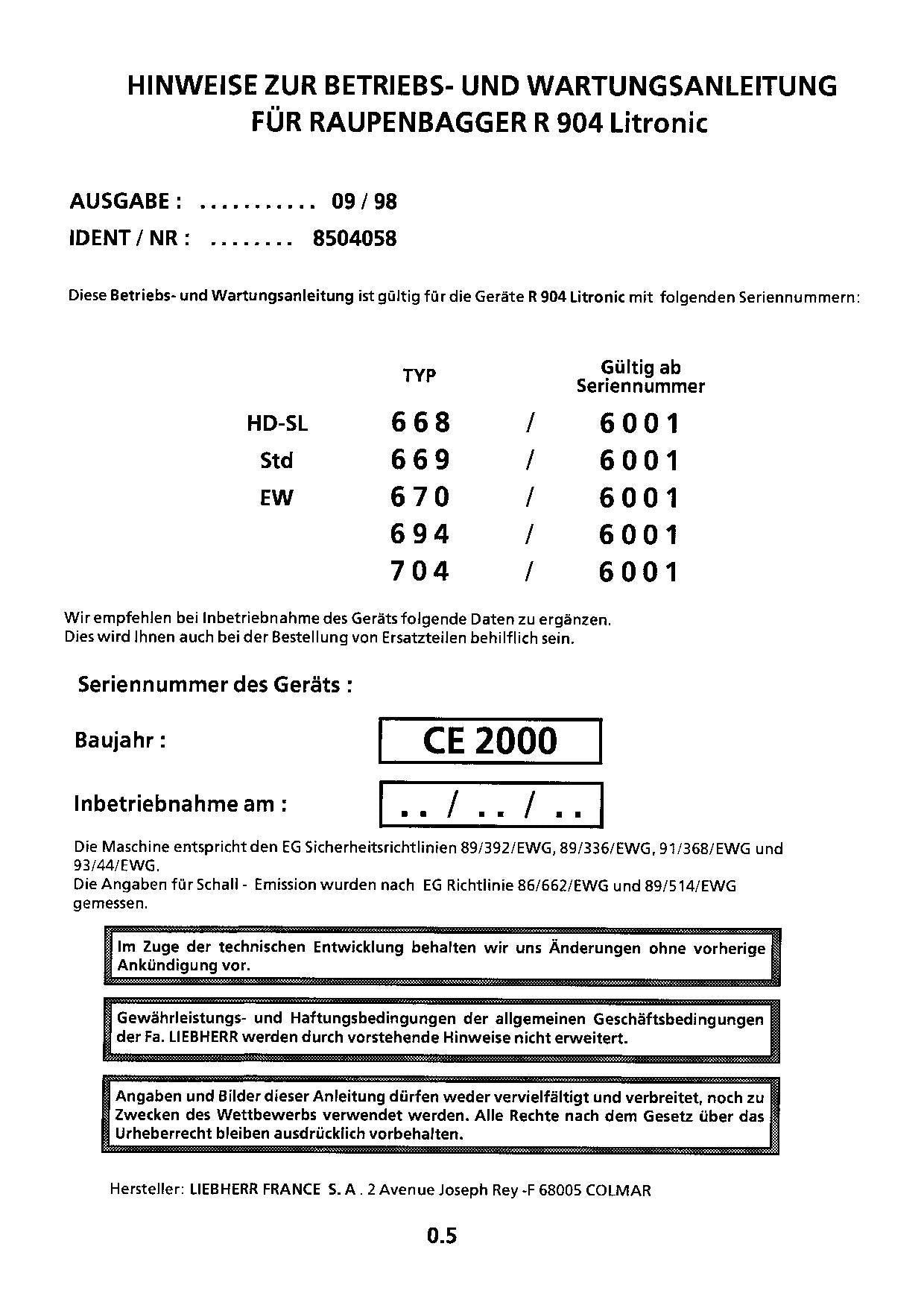 Liebherr R904 Litronic Hydraulikbagger Manuel d'instructions ser 6001