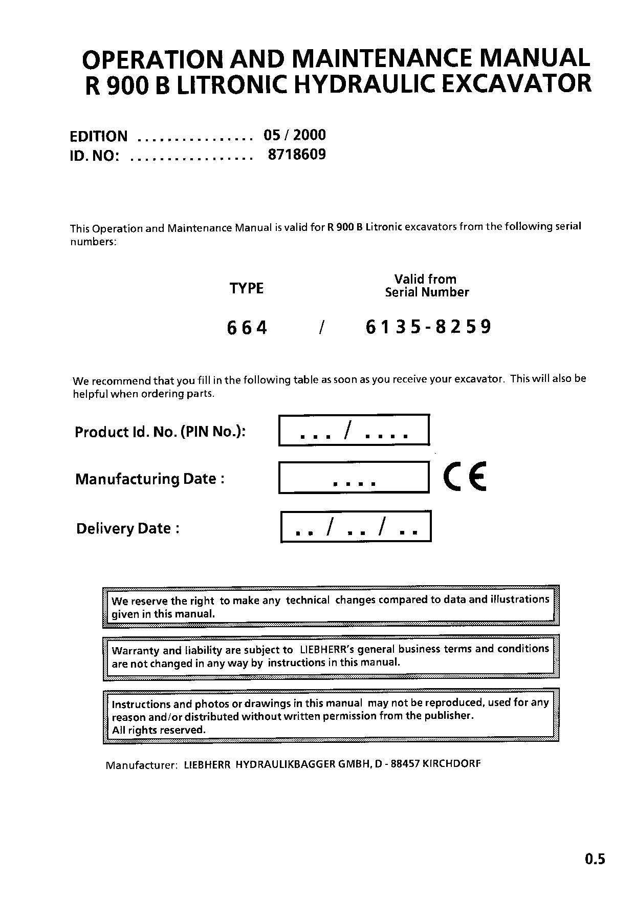 Liebherr R900 B Litronic Excavator Operators manual