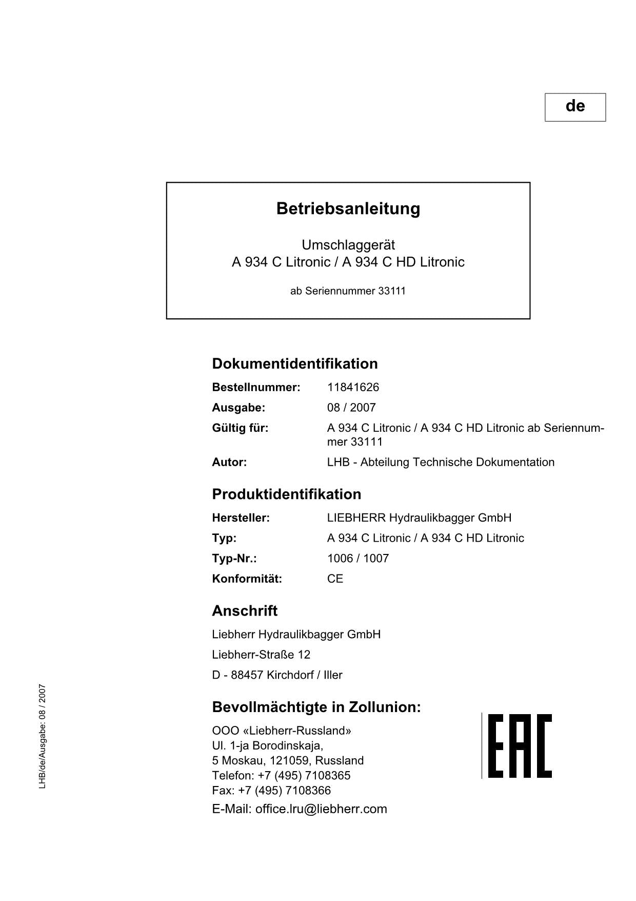 Liebherr A934 C A934 C HD Litronic Umschlaggerät Betriebsanleitung 33111