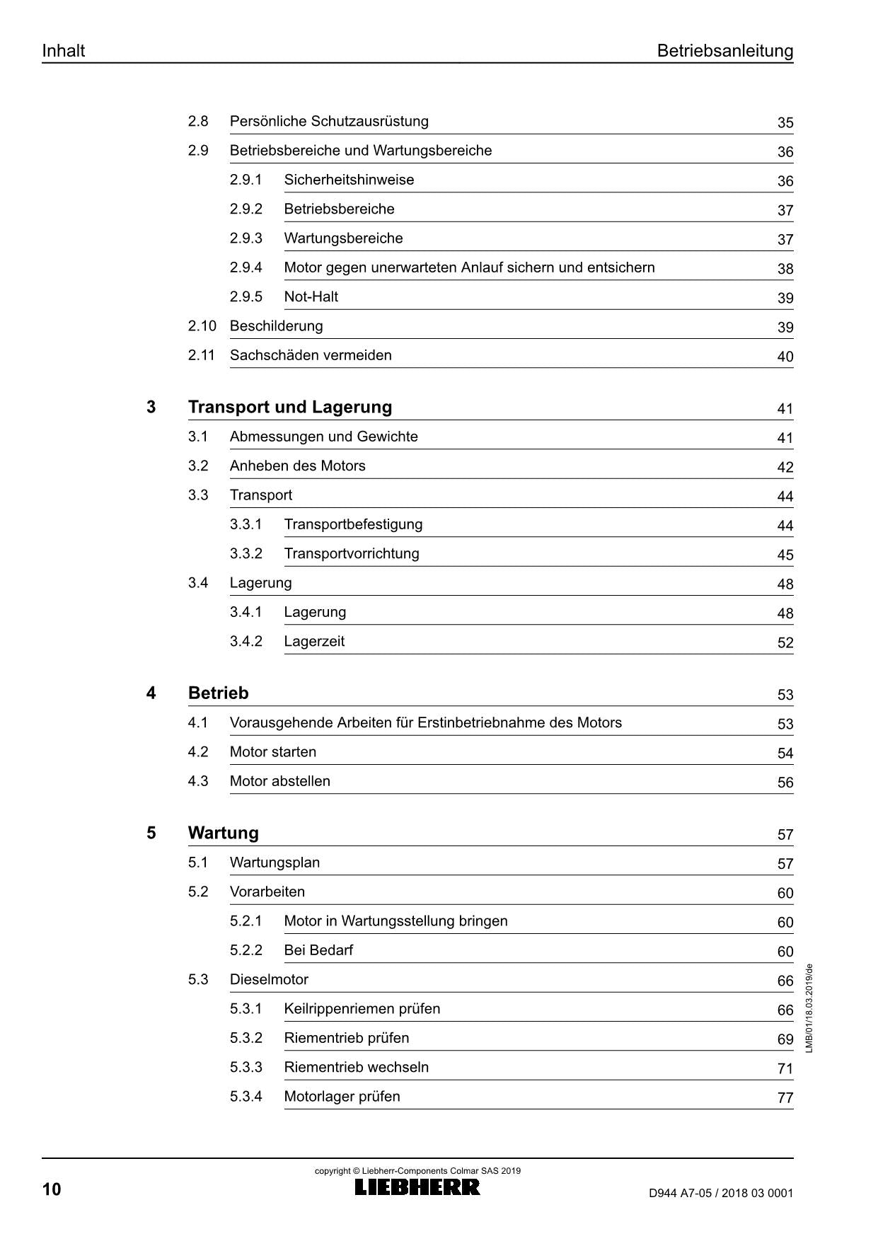 Liebherr D944 A7-05 Moteur diesel Manuel d'instructions