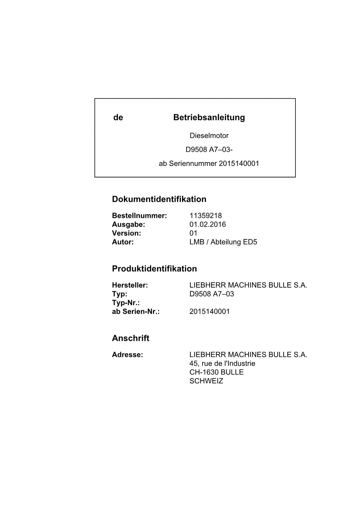 Liebherr D9508 A7-03 Manuel d'utilisation du moteur diesel