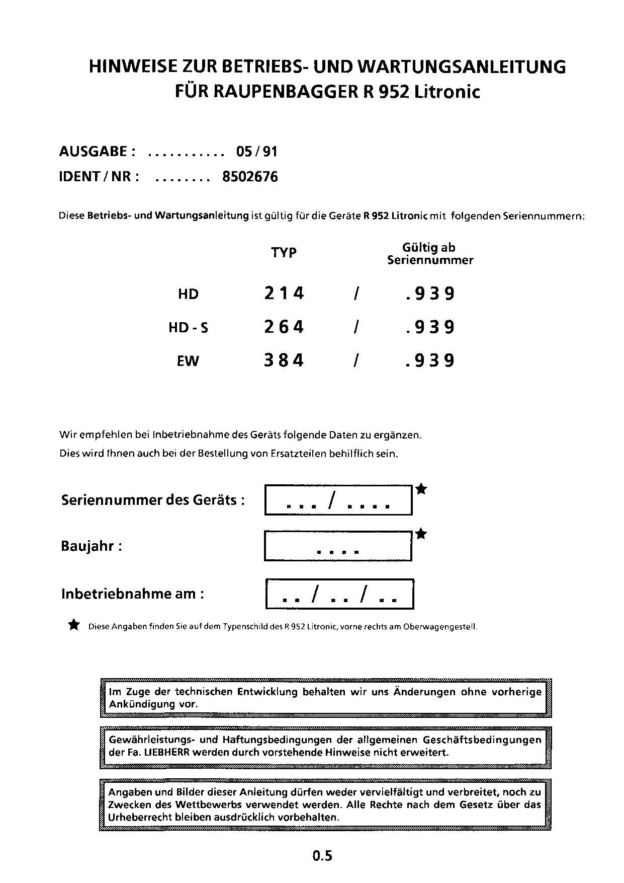 Liebherr R952 Litronic Hydraulikbagger Manuel d'instructions Manuel d'entretien