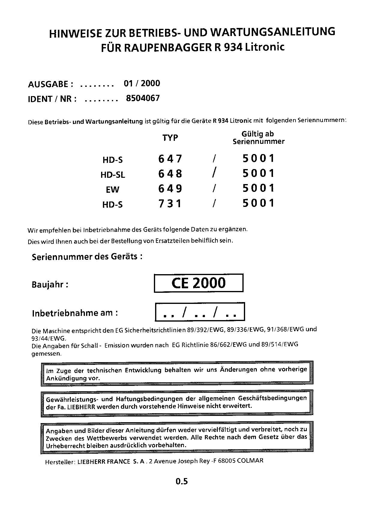 Liebherr R934 Litronic Hydraulikbagger Manuel d'instructions 8504067