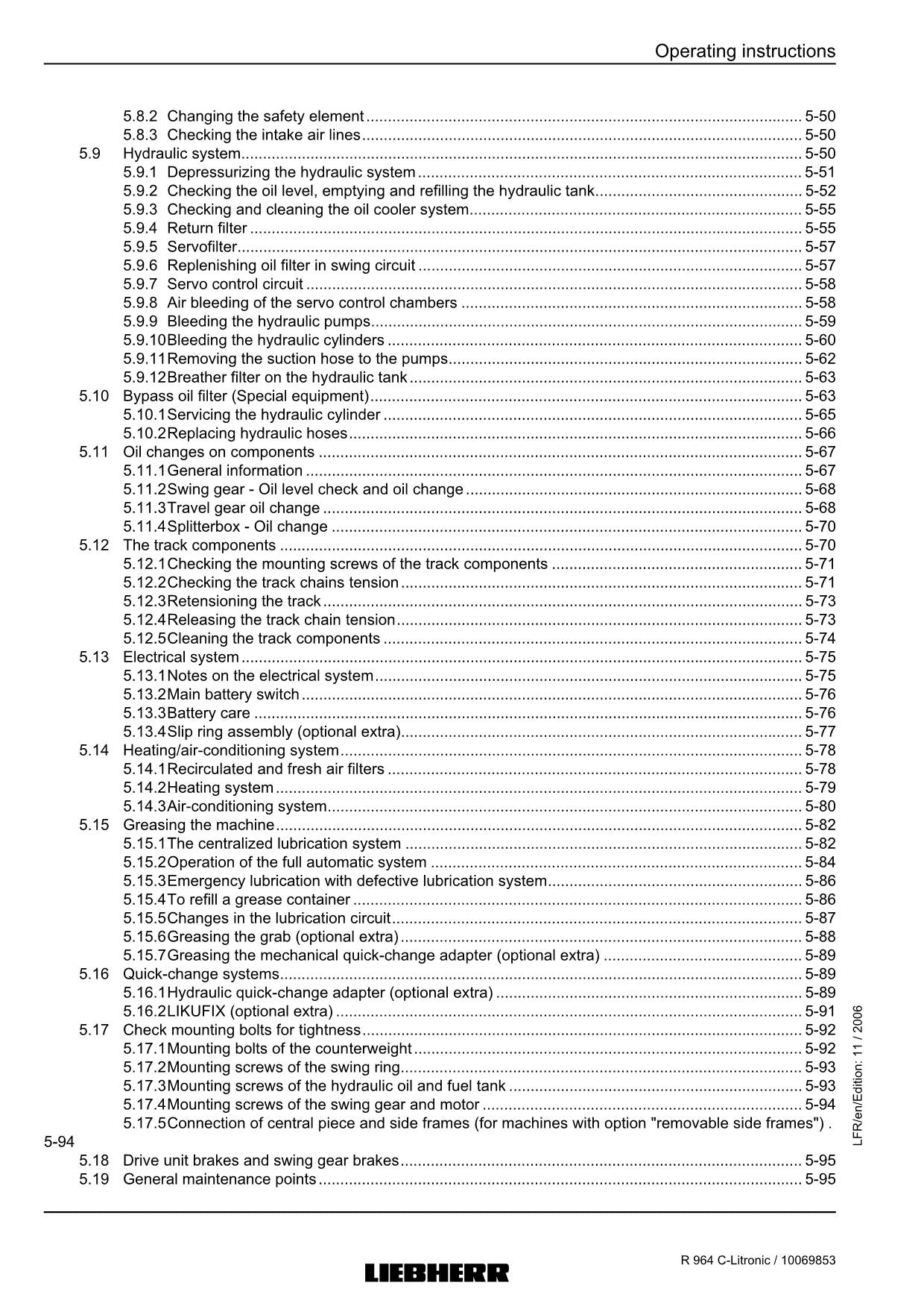 Liebherr R964 C-Litronic Excavator Operators manual serial 16436