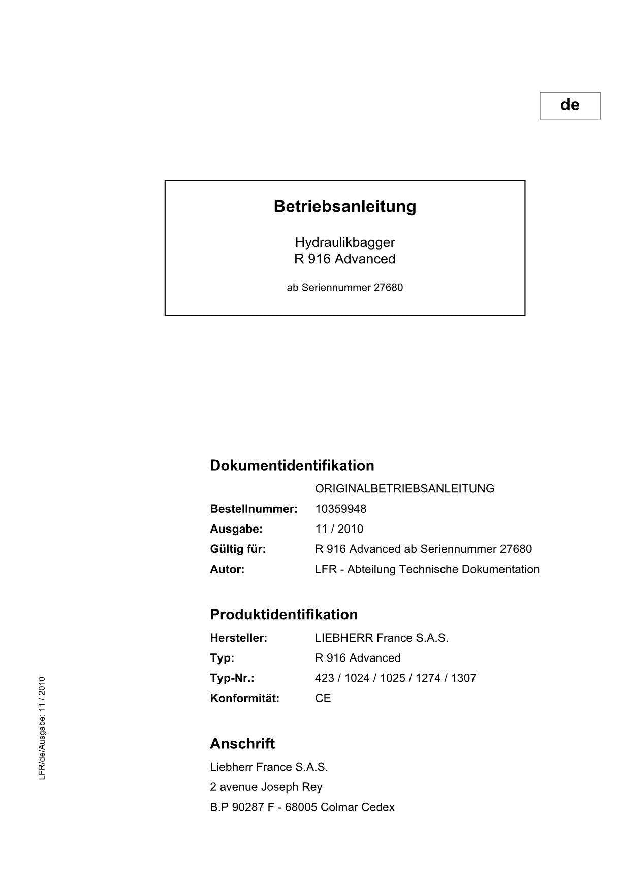 Liebherr R916 Advanced Hydraulikbagger Manuel d'instructions