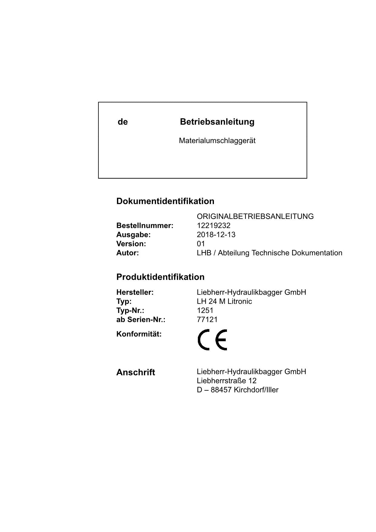 Liebherr LH24 M Litronic Materialumschlaggerät Betriebsanleitung ser 77121