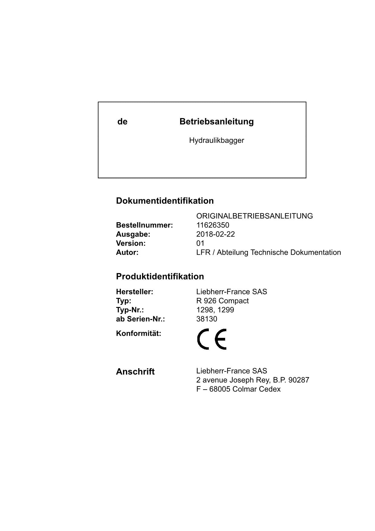 Liebherr R926 Compact Hydraulikbagger Manuel d'instructions ser 38130