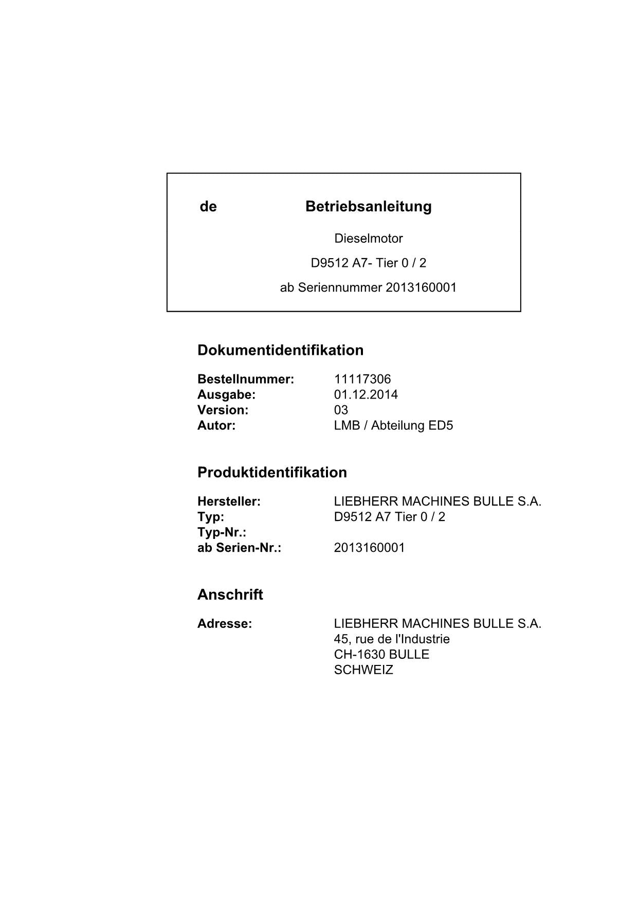 Liebherr D9512 A7 TieR0 2 Moteur Diesel Manuel d'instructions