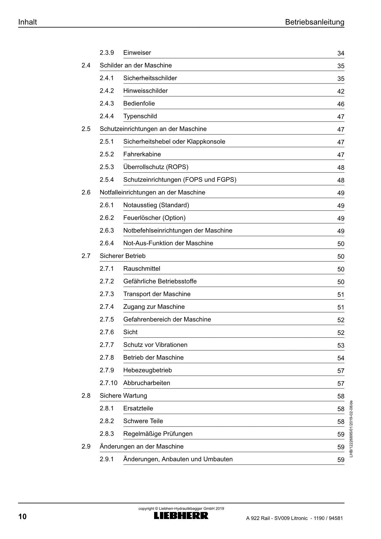 Liebherr A922 Rail SV009 Litronic Mobilbagger Betriebsanleitung Typ 1190